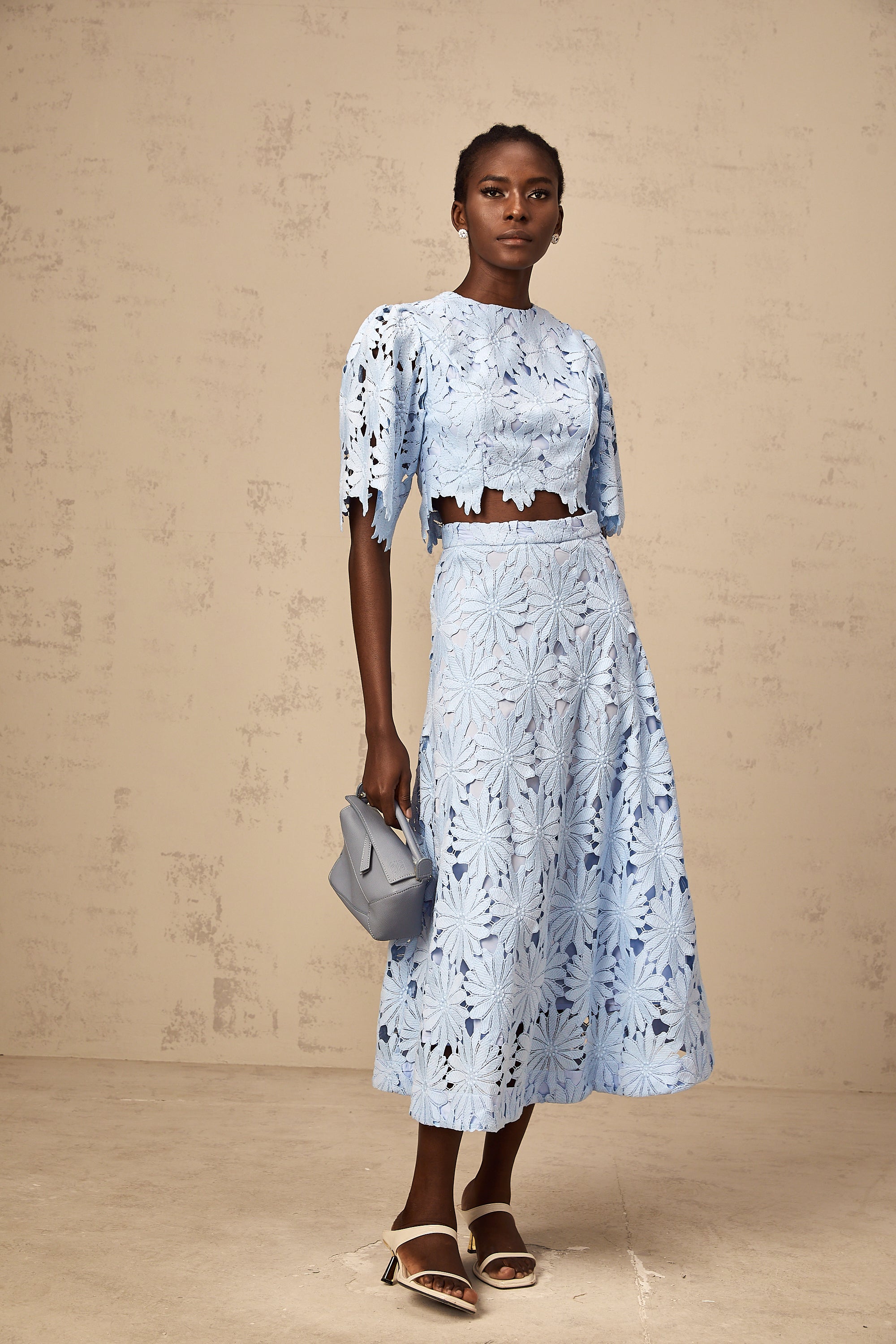 Audrey blue guipure-lace top & skirt matching set
