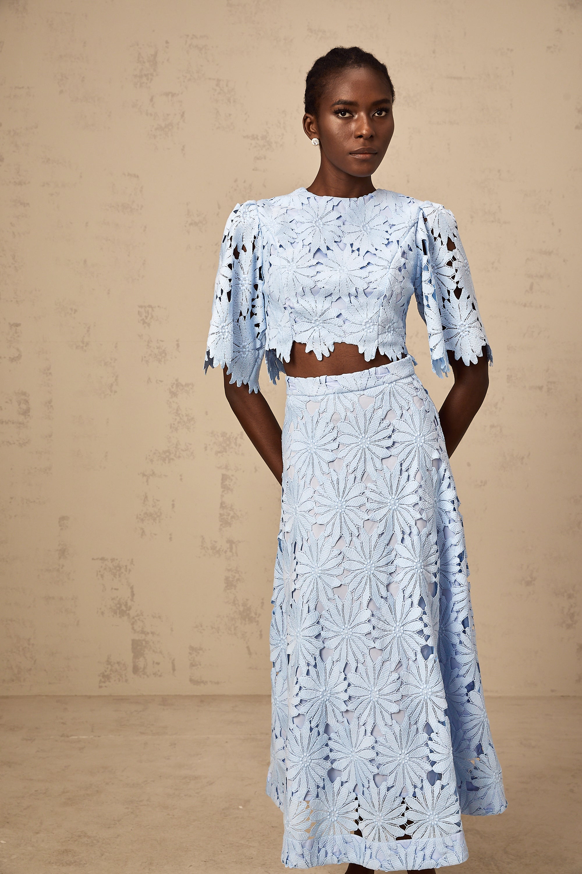 Audrey blue guipure-lace top & skirt matching set