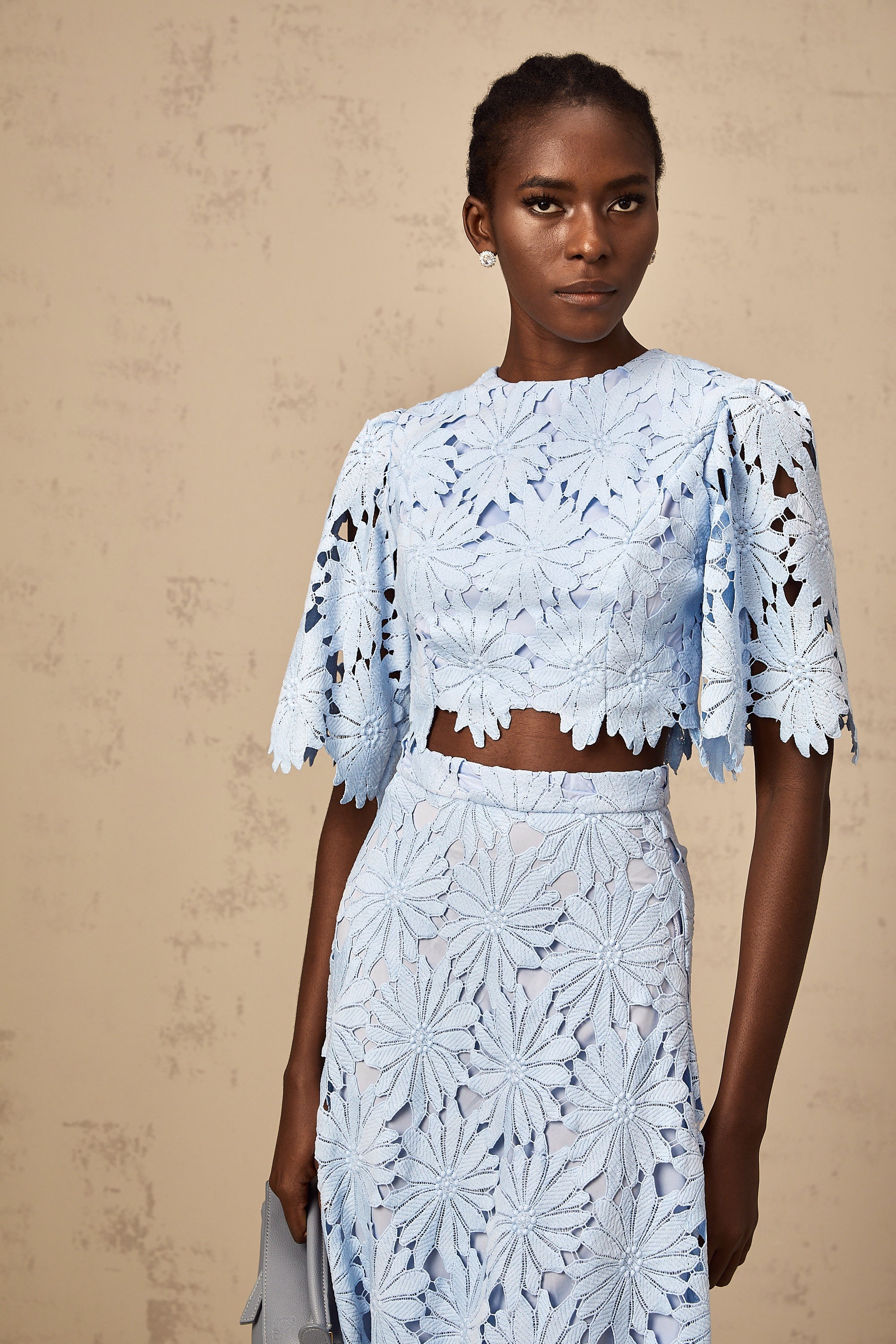 Audrey blue guipure-lace top & skirt matching set