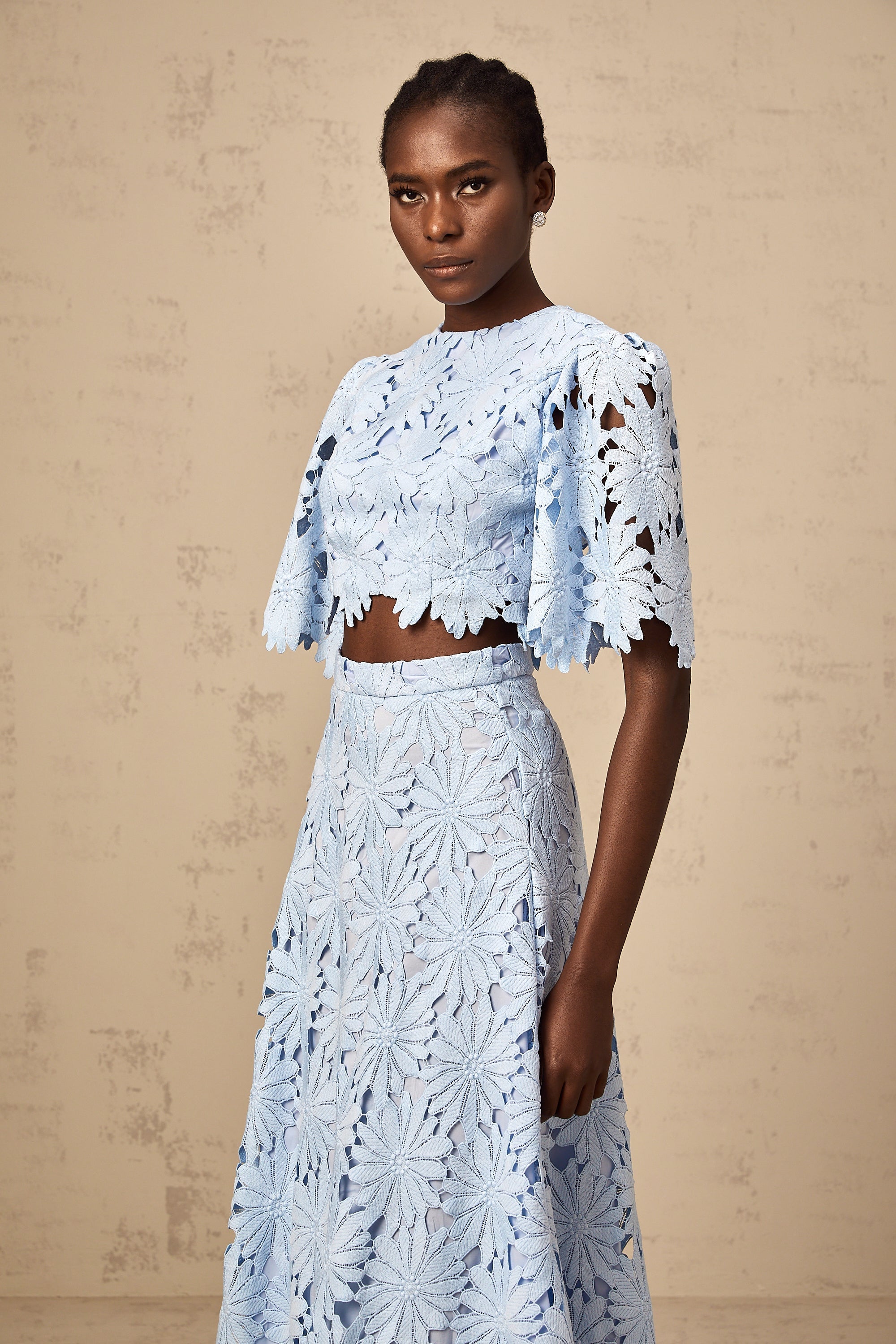 Audrey blue guipure-lace top & skirt matching set