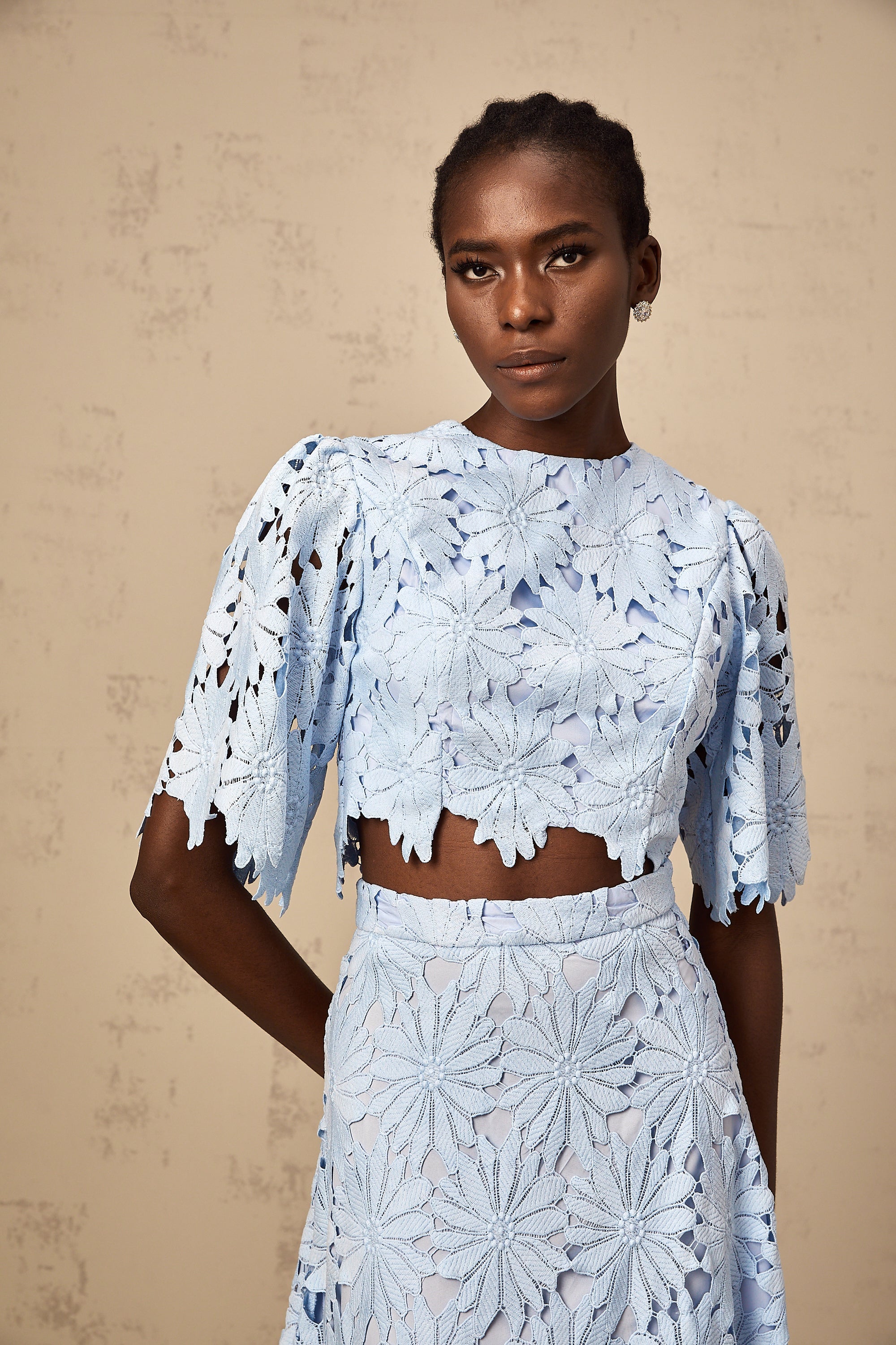 Audrey blue guipure-lace top & skirt matching set