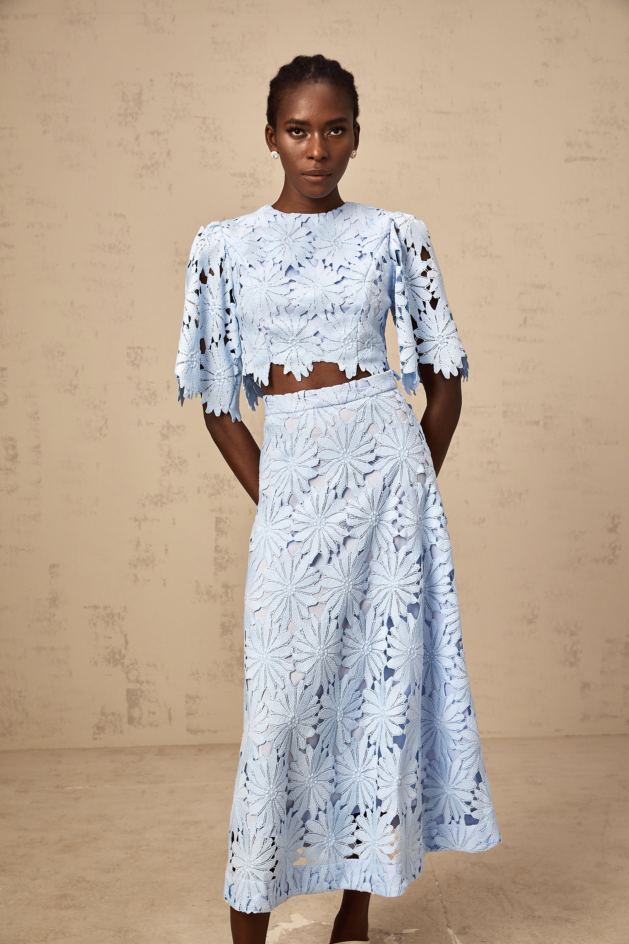 Audrey blue guipure-lace top & skirt matching set