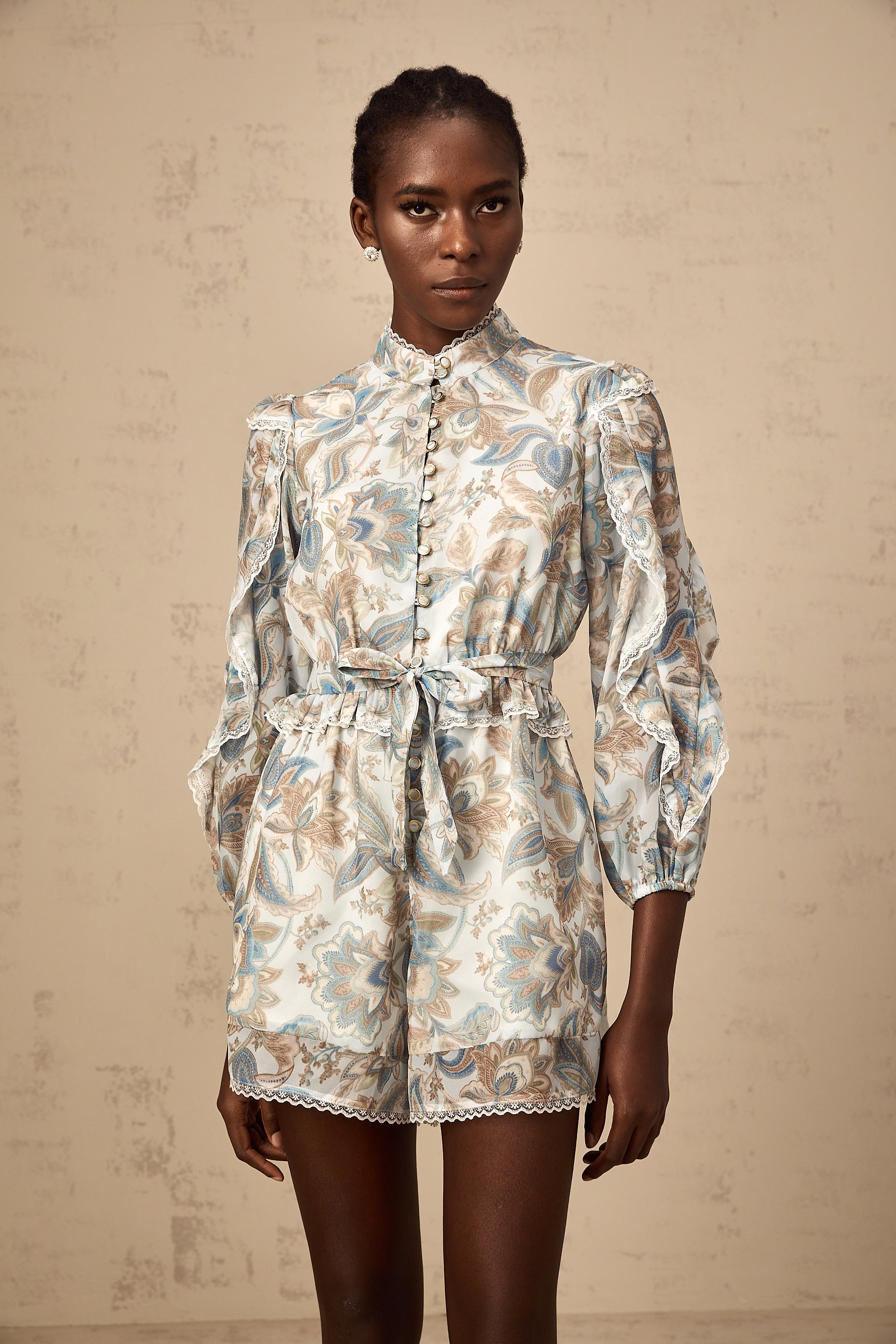 Eugénie blue lace-trim floral-print ruffled jumpsuit