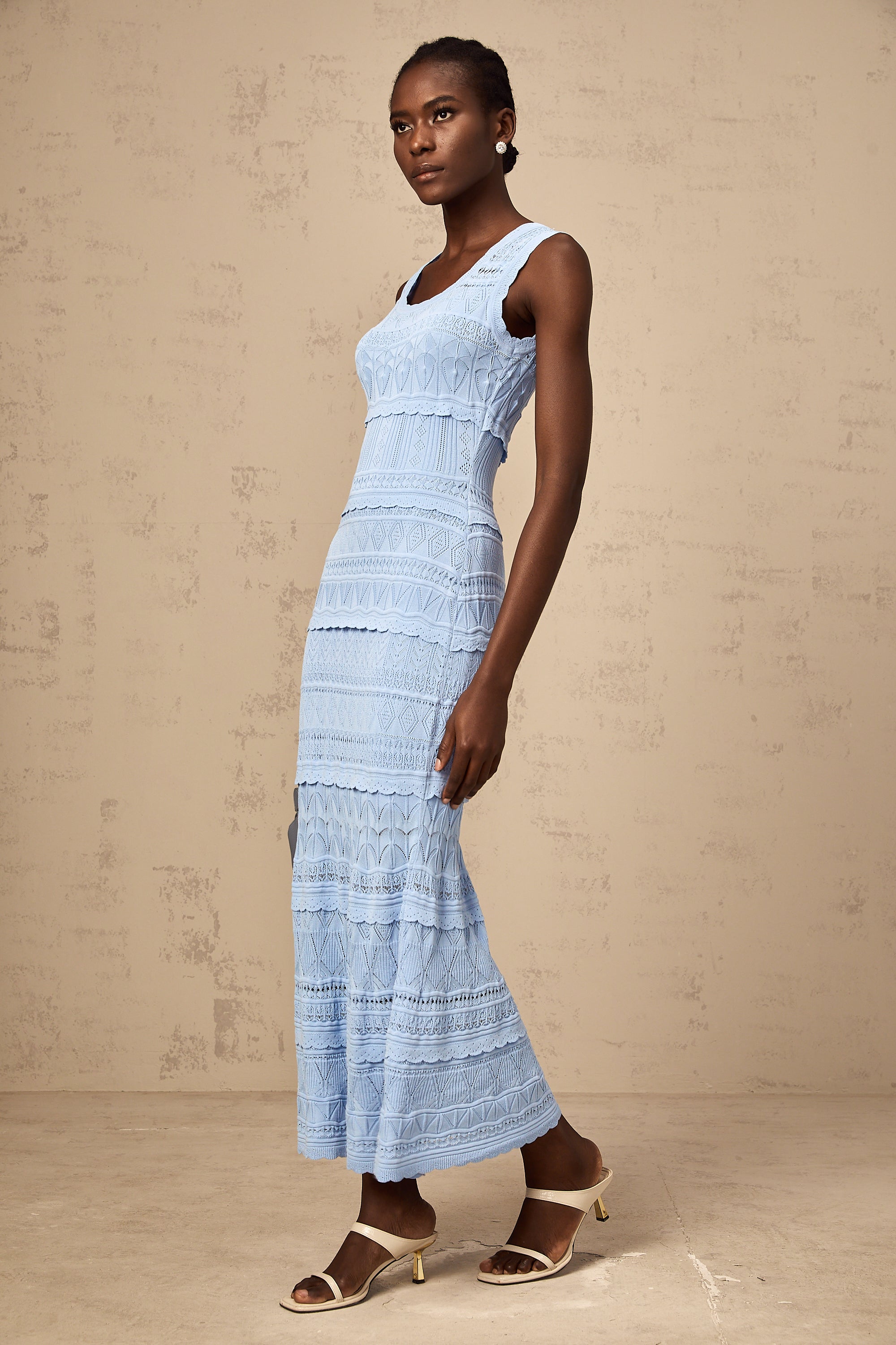 Mailys blue ruffled-trim crochet-knit midi dress