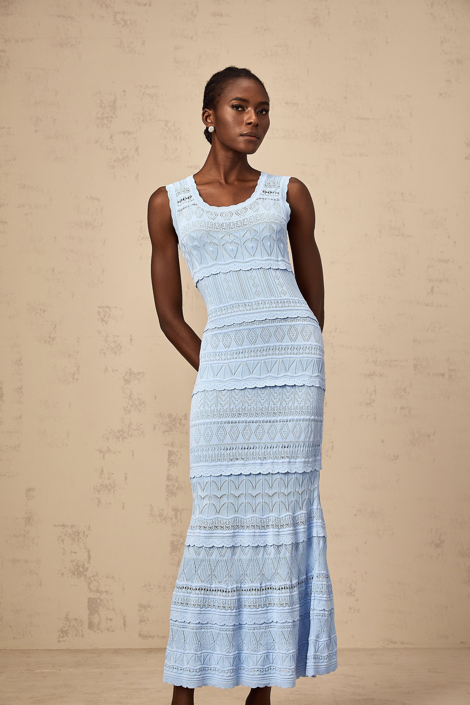 Mailys blue ruffled-trim crochet-knit midi dress
