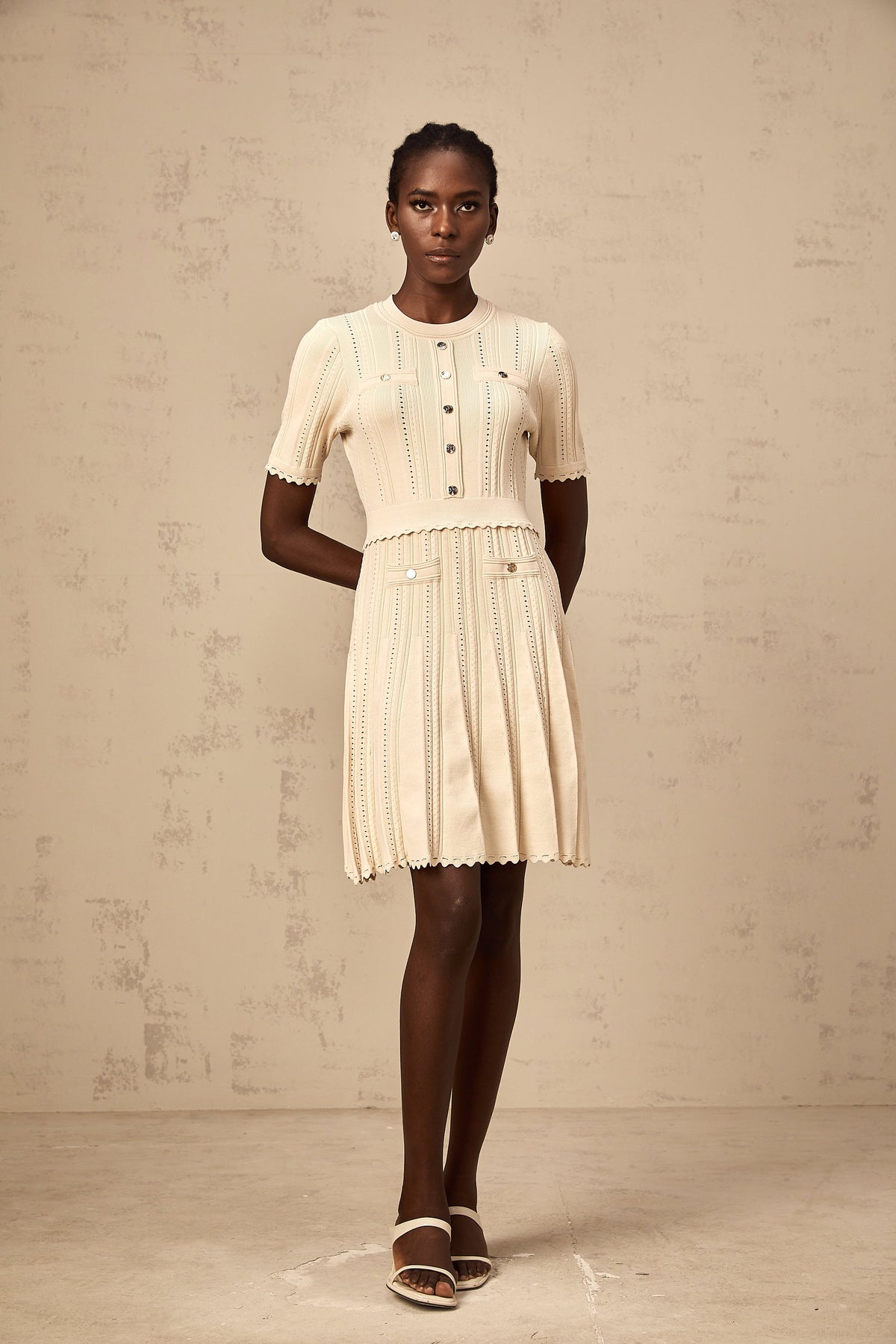 Amélie neutrals pointelle-trim pleated knit mini dress (Final Sale-US Only)