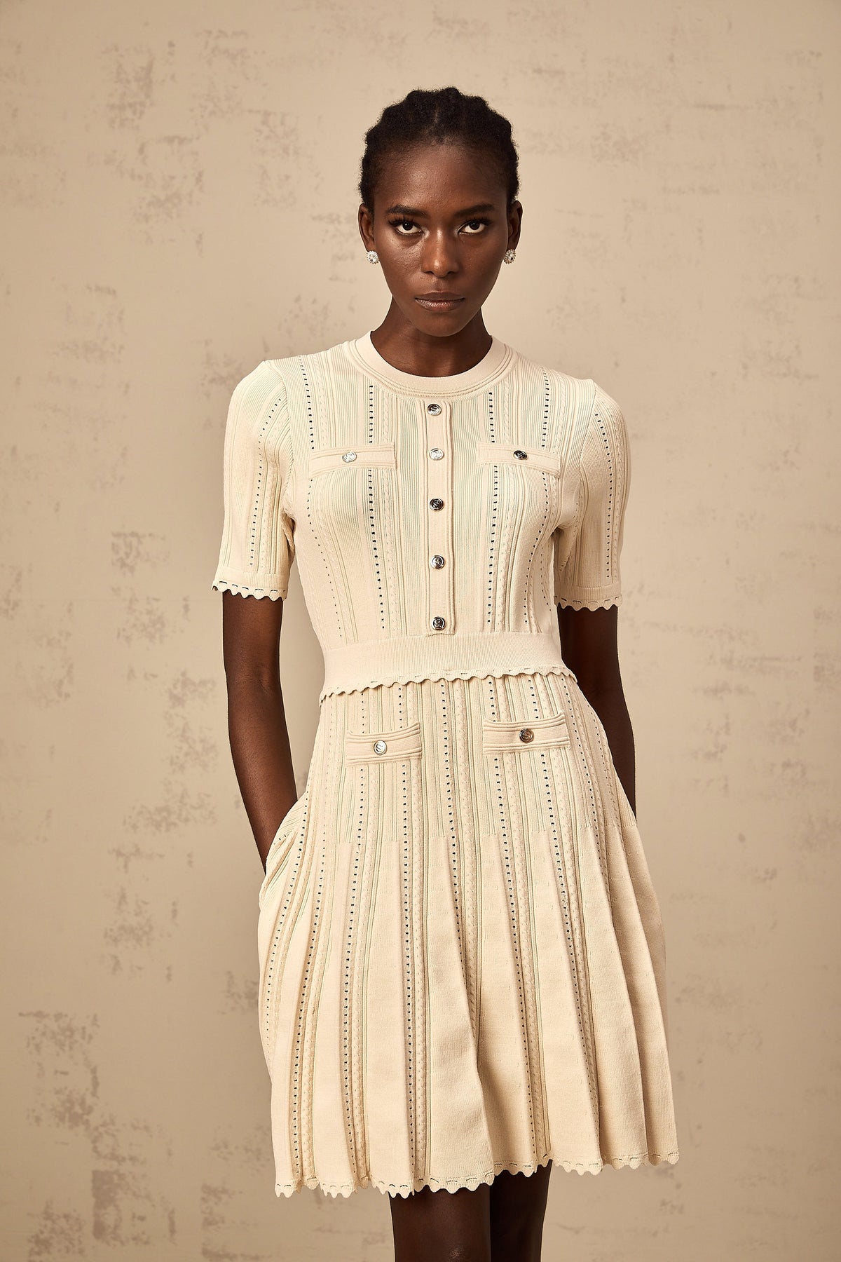 Amélie neutrals pointelle-trim pleated knit mini dress (Final Sale-US Only)