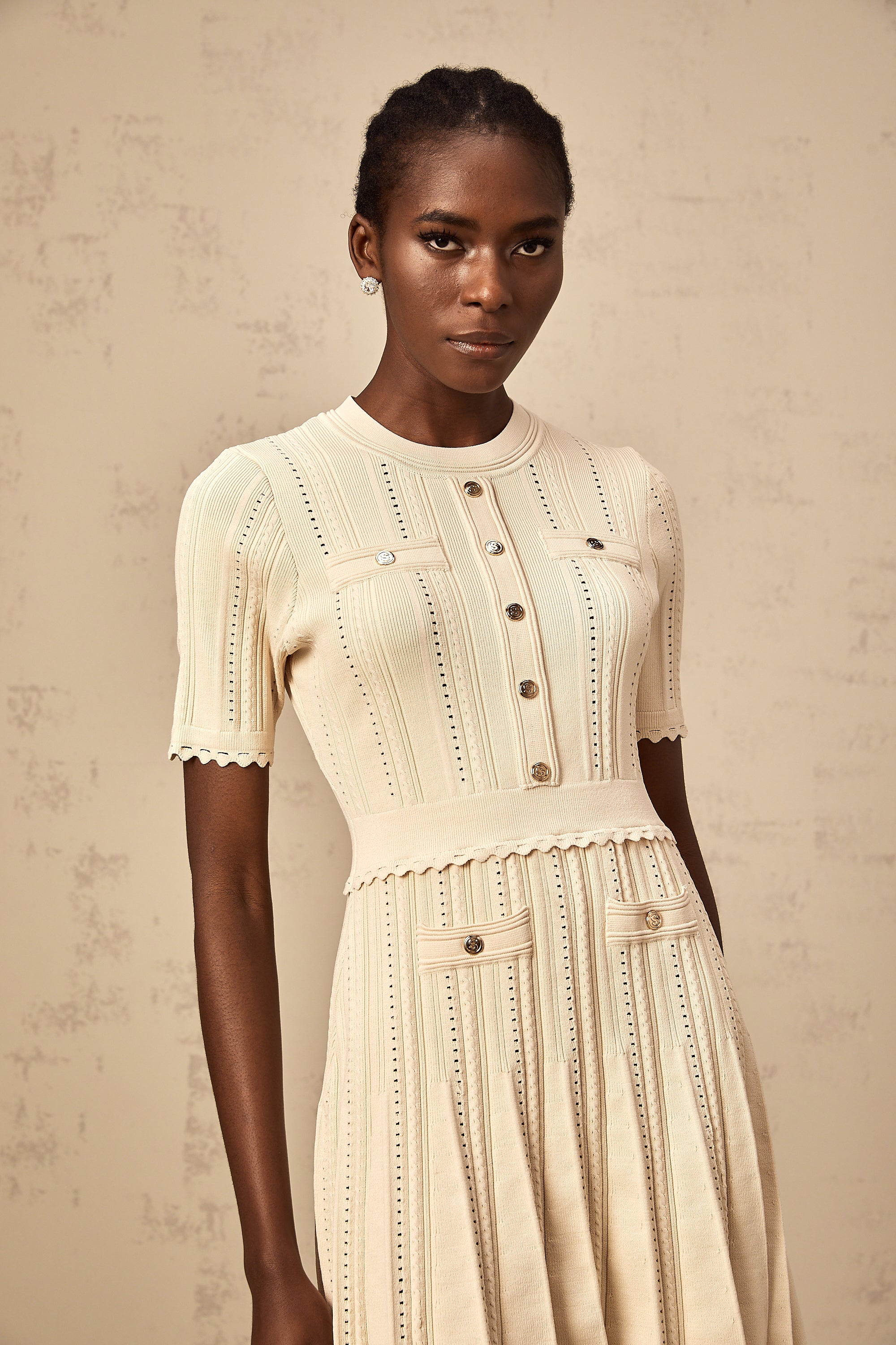 Amélie neutrals pointelle-trim pleated knit mini dress (Final Sale-US Only)