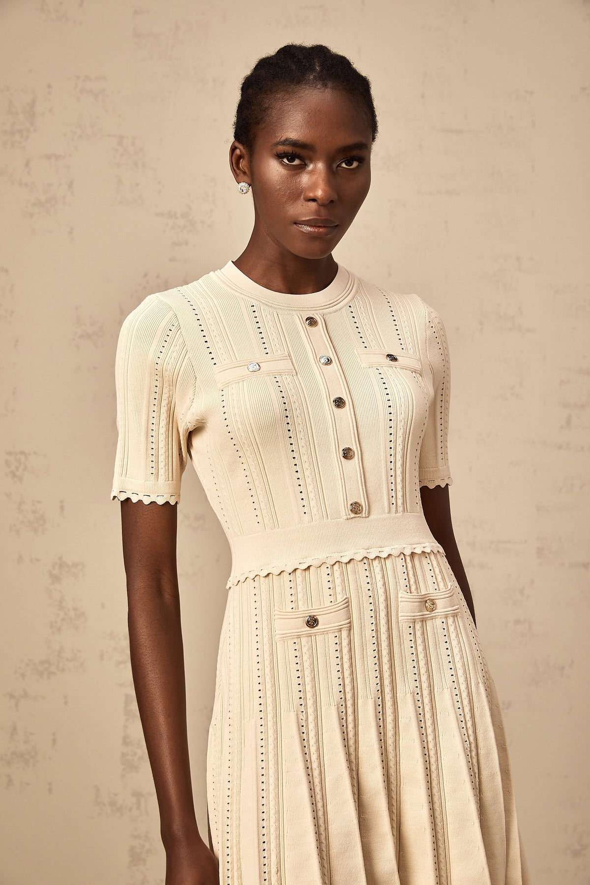 Amélie neutrals pointelle-trim pleated knit mini dress (Final Sale-US Only)