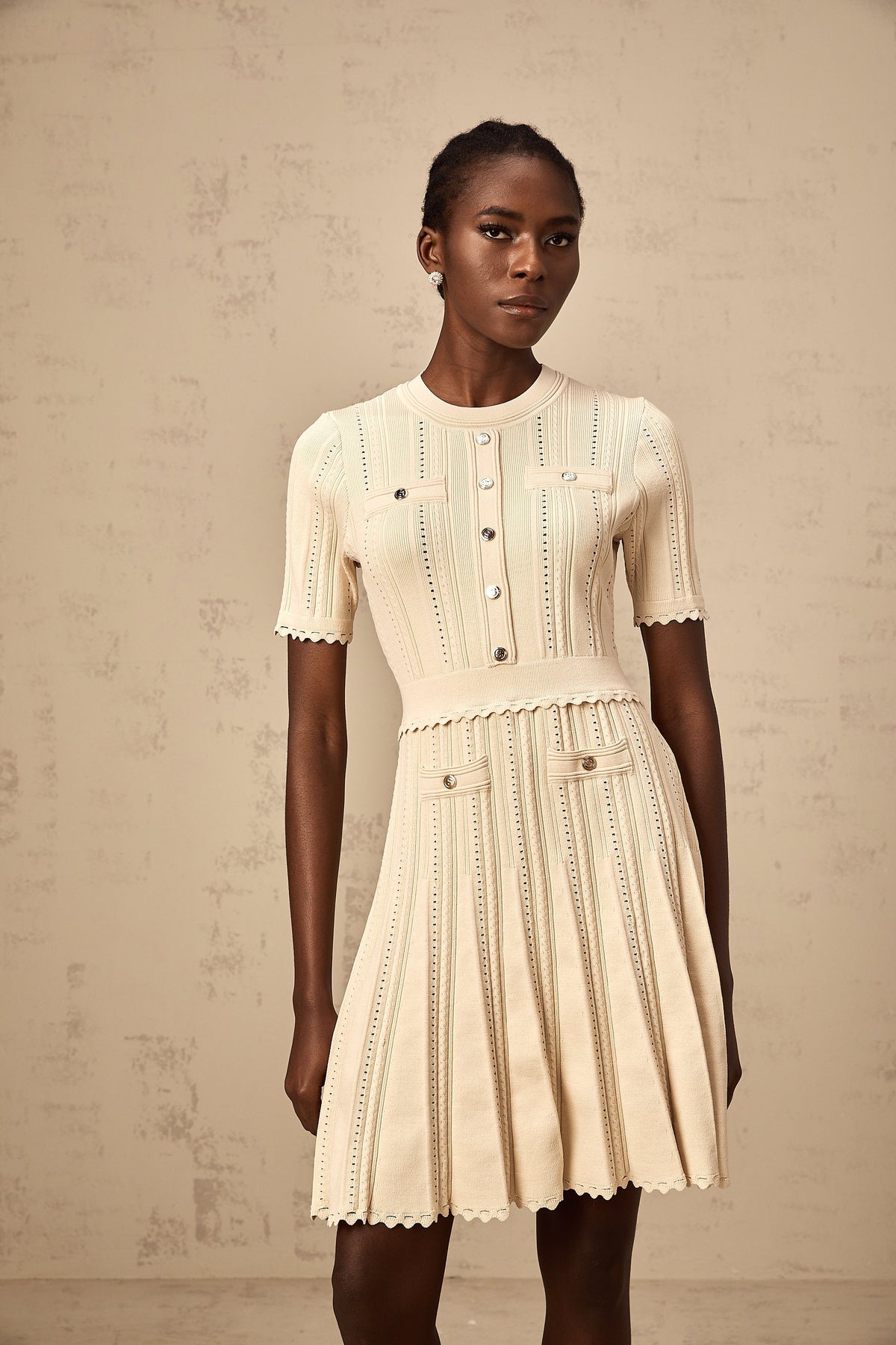 Amélie neutrals pointelle-trim pleated knit mini dress (Final Sale-US Only)