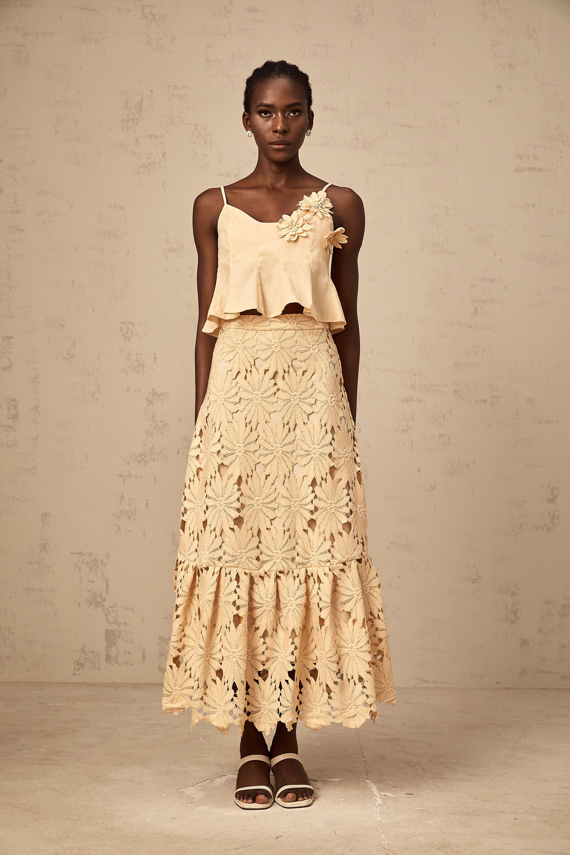 Céline khaki cut-out flared top & skirt matching set