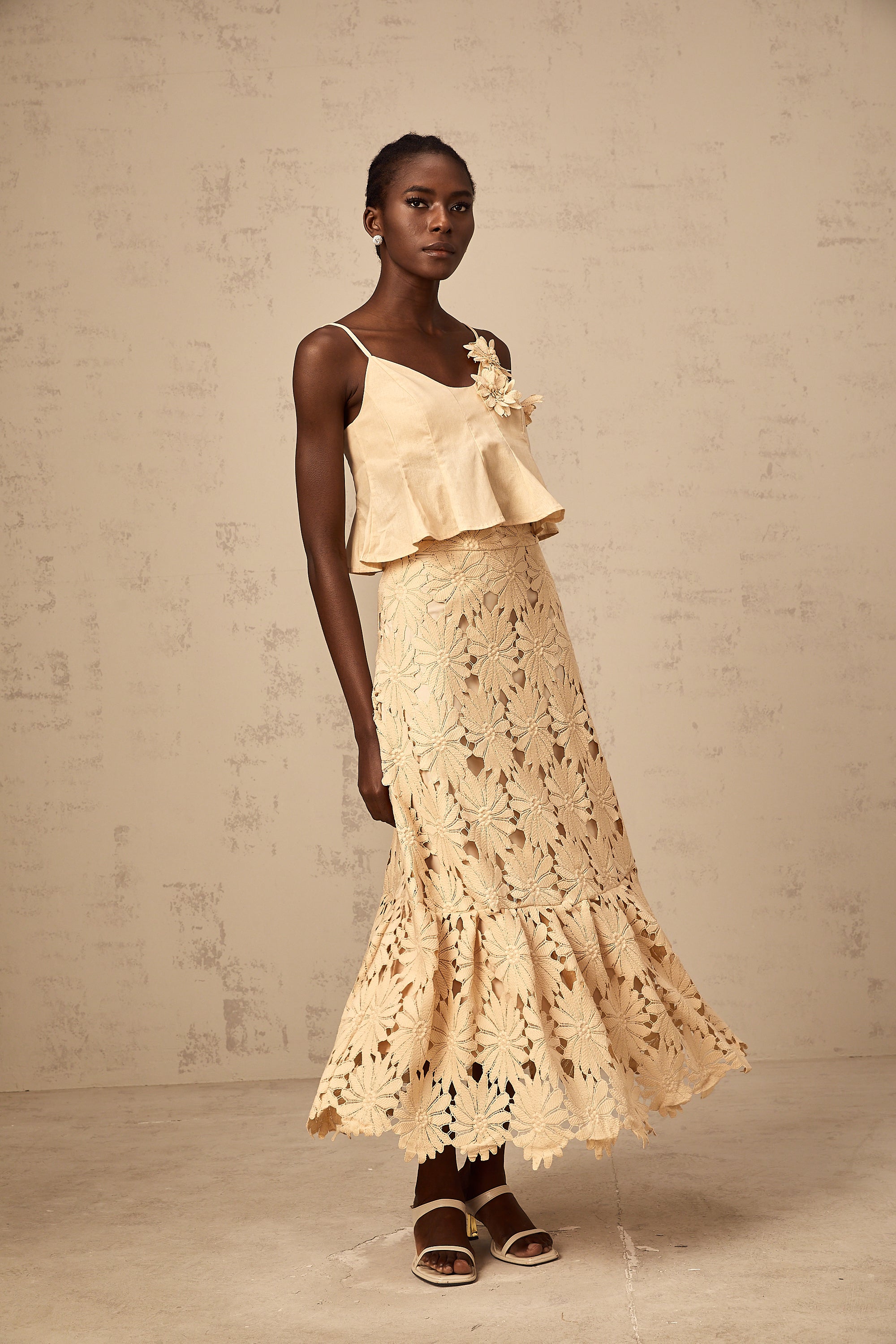 Céline khaki cut-out flared top & skirt matching set