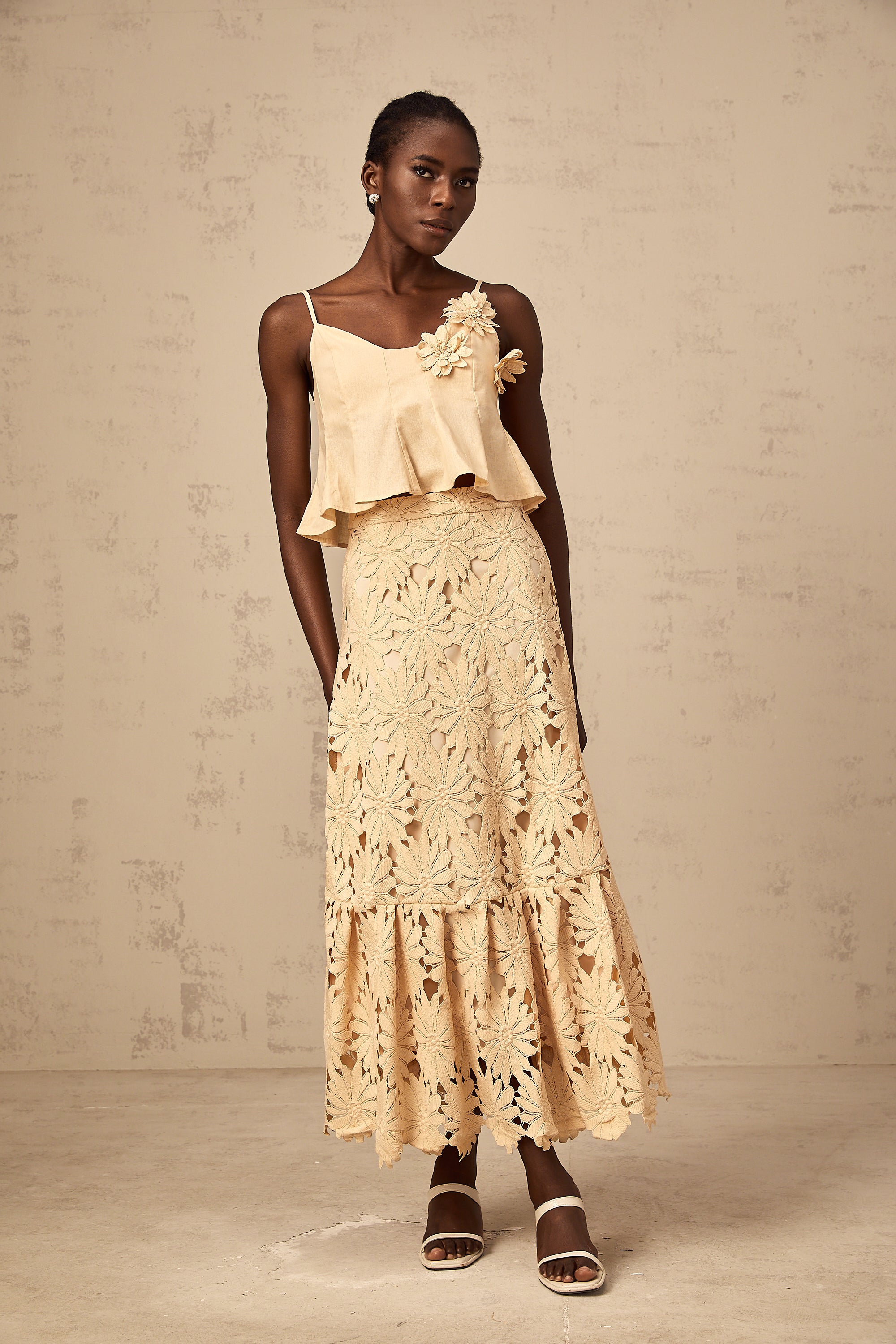 Céline khaki cut-out flared top & skirt matching set