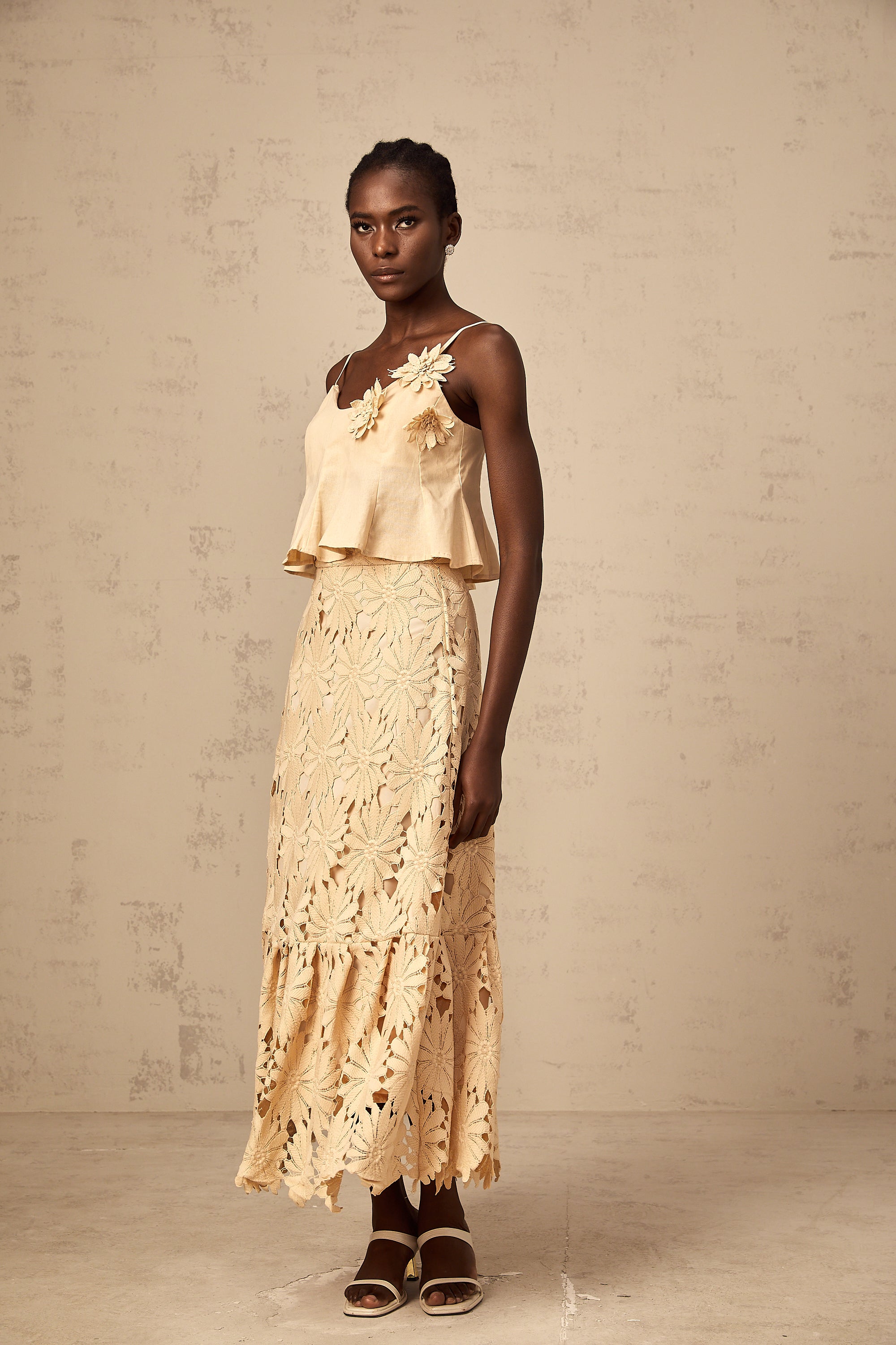 Céline khaki cut-out flared top & skirt matching set
