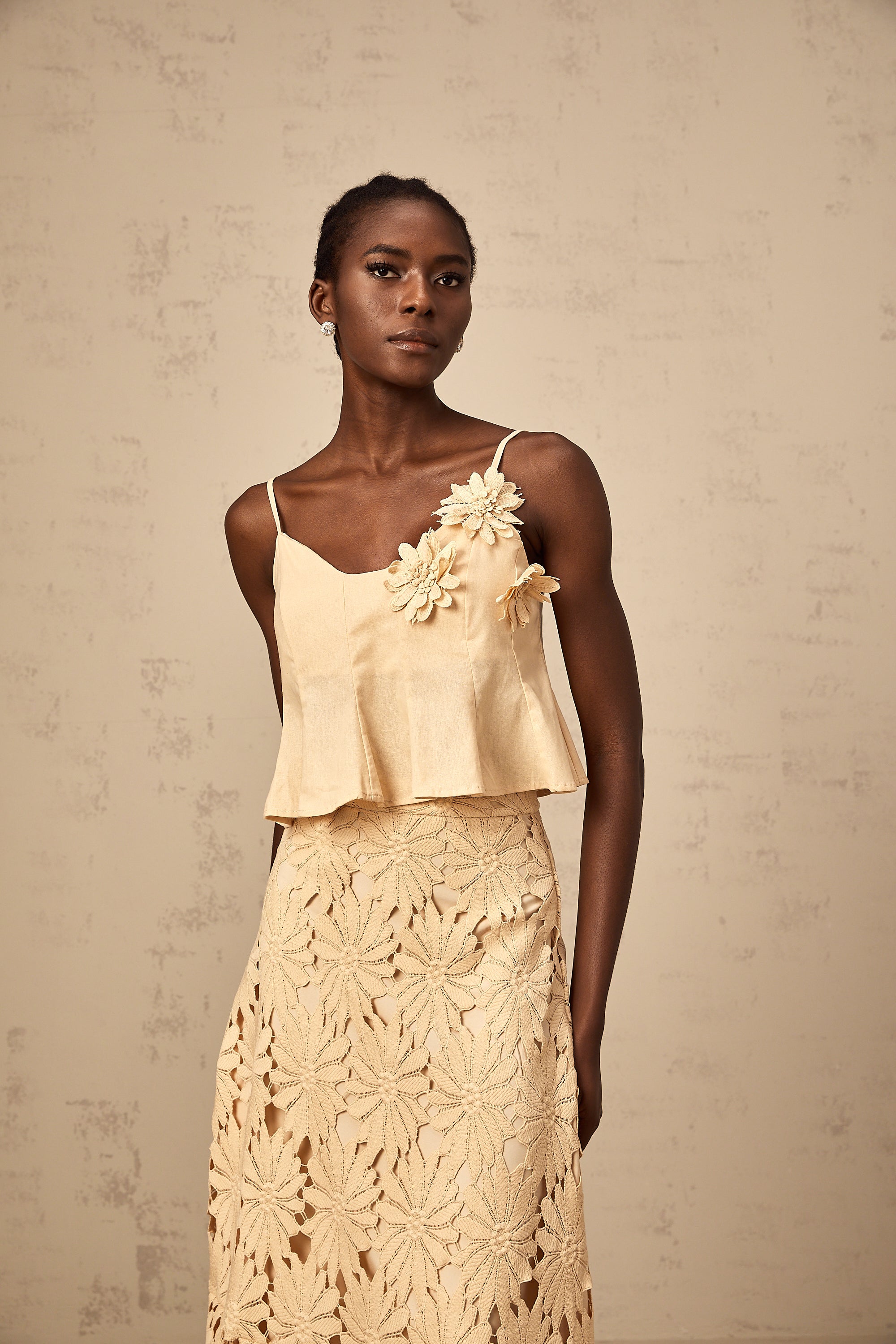 Céline khaki cut-out flared top & skirt matching set