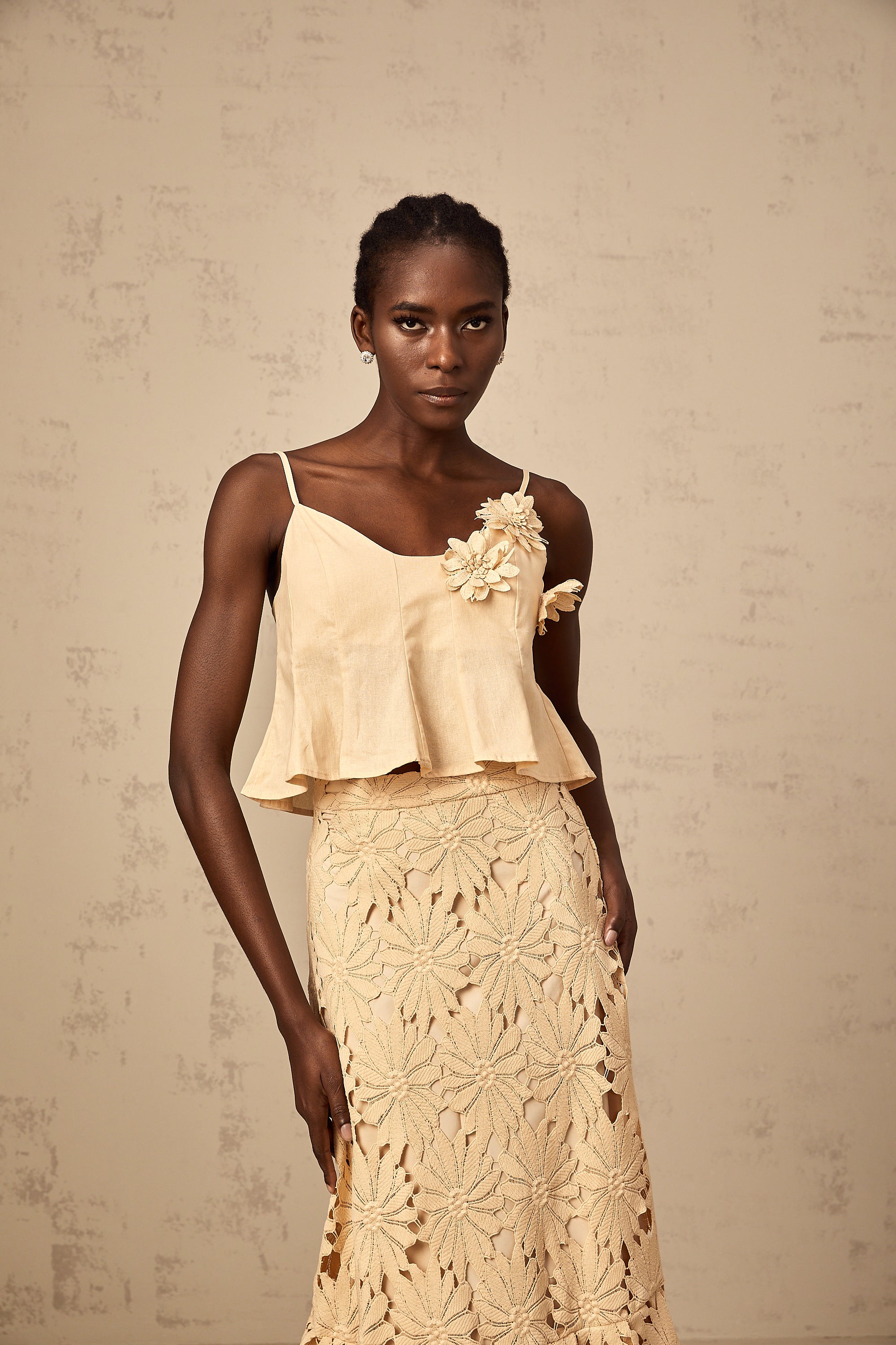 Céline khaki cut-out flared top & skirt matching set