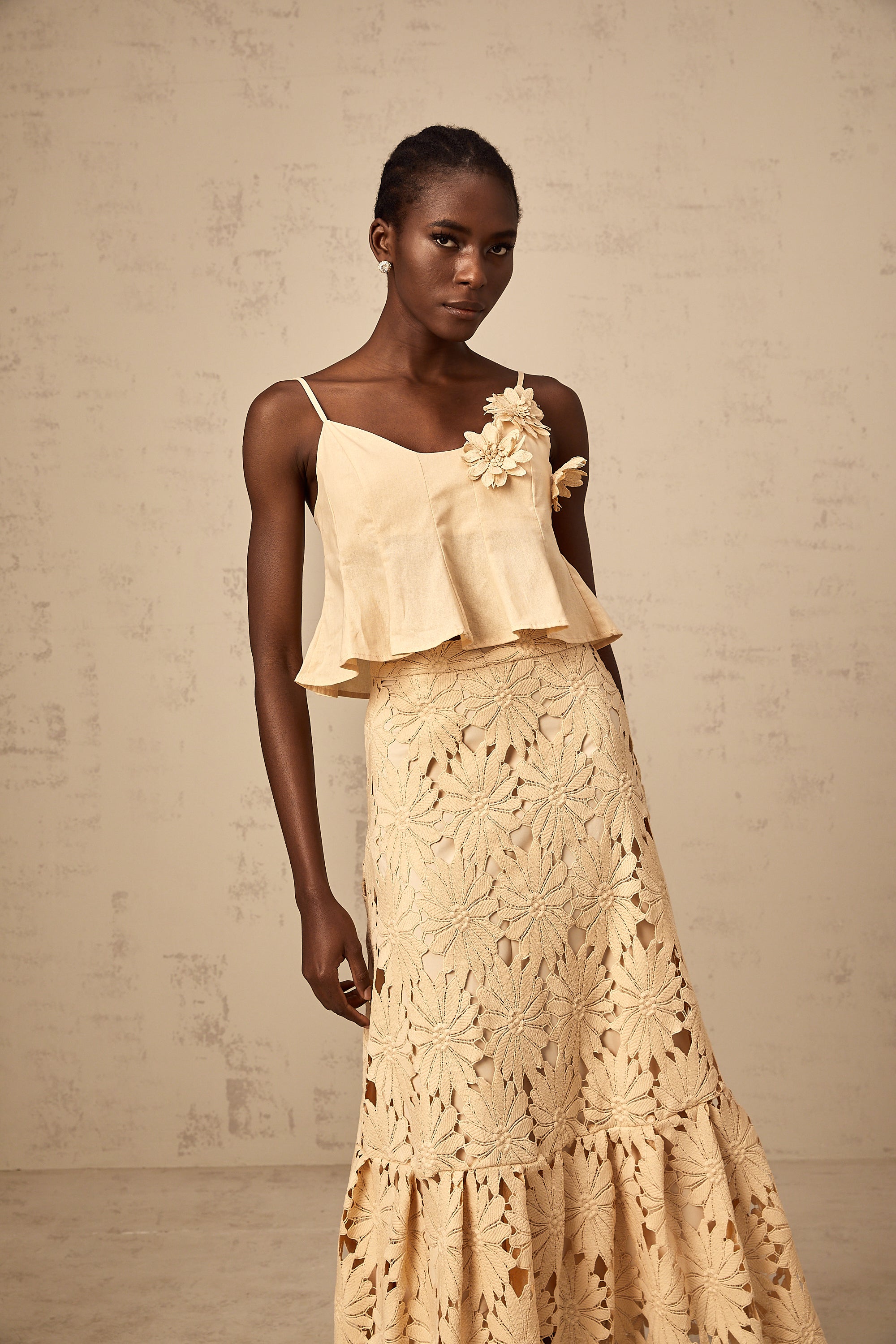 Céline khaki cut-out flared top & skirt matching set