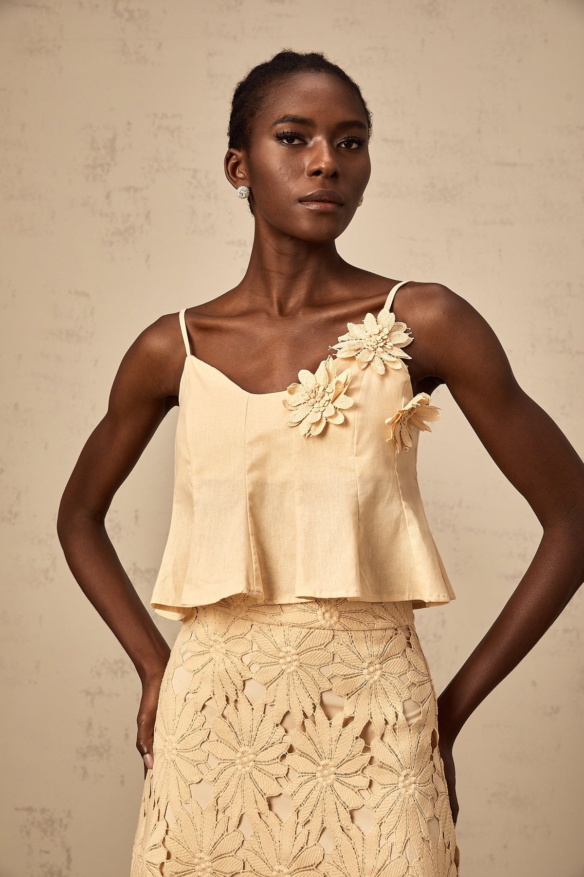 Céline khaki cut-out flared top & skirt matching set