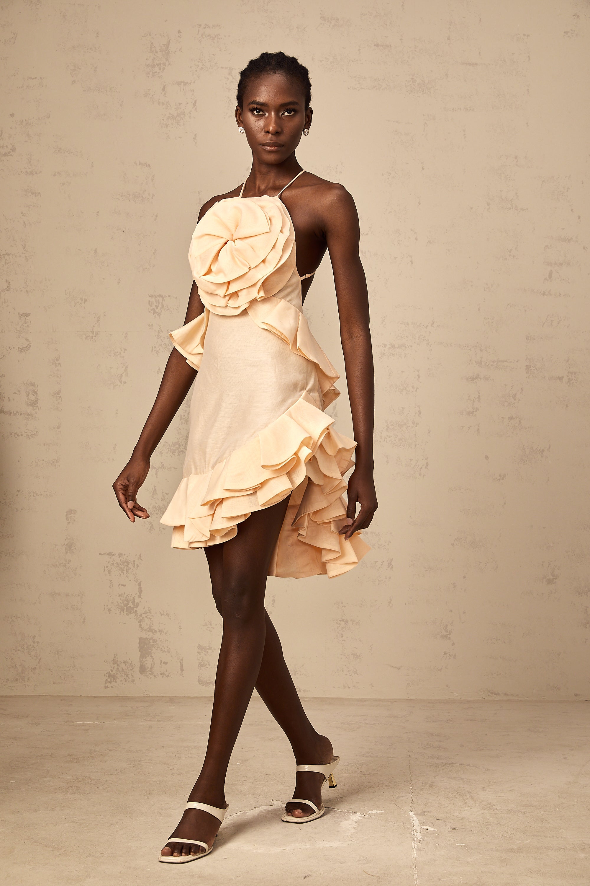 Ginevra pink 3d-petal ruffled mini dress