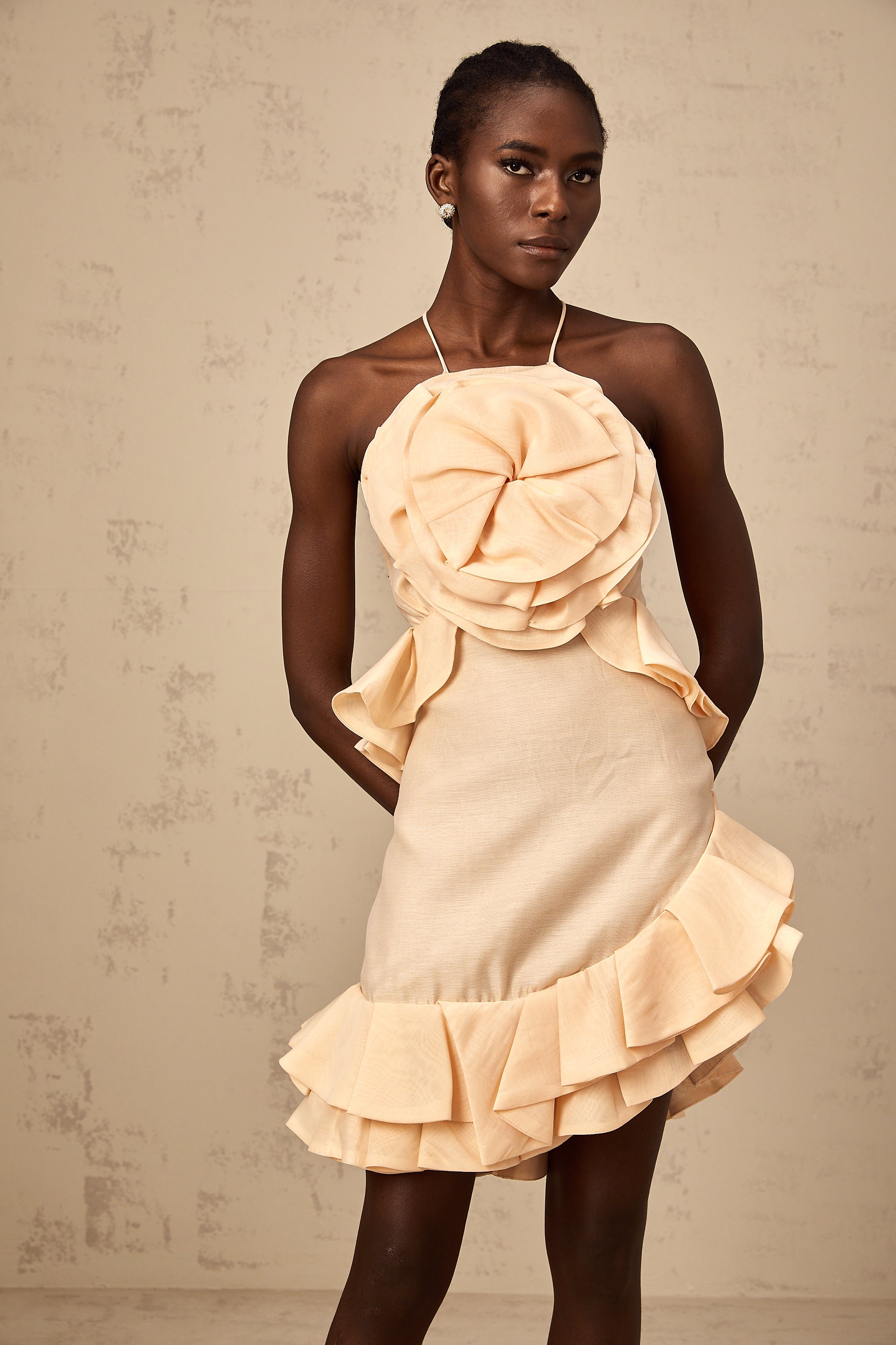 Ginevra pink 3d-petal ruffled mini dress
