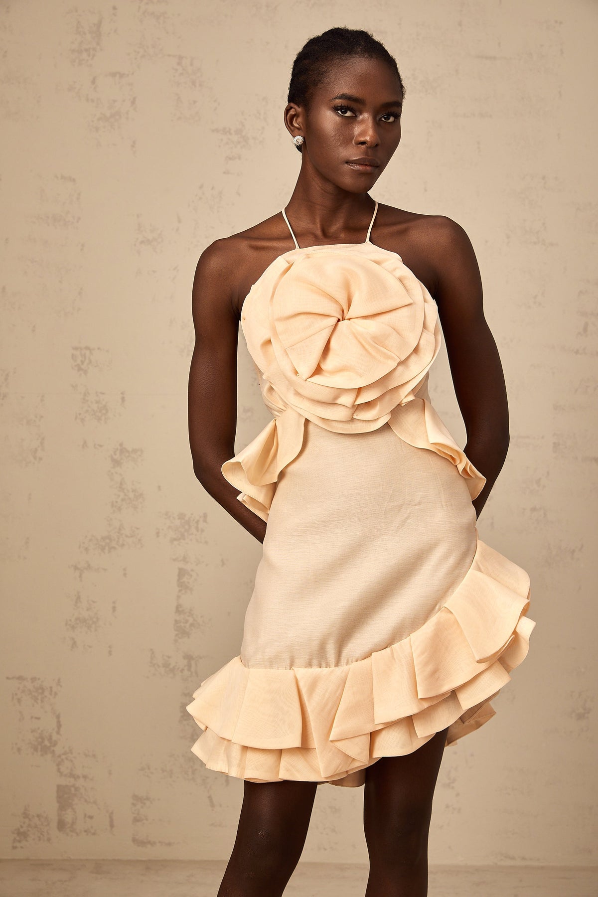 Ginevra pink 3d-petal ruffled mini dress