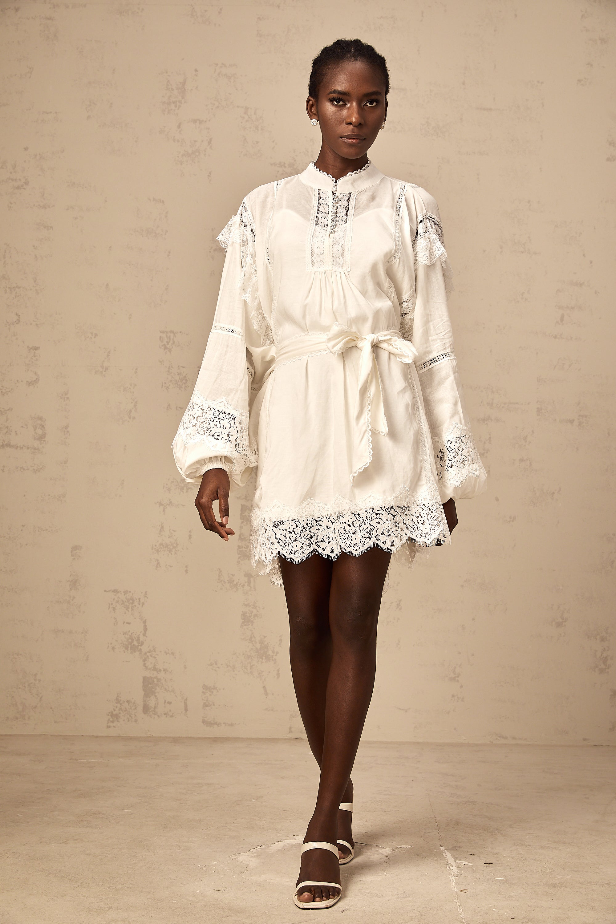 Reine white floral-lace-trim mini dress