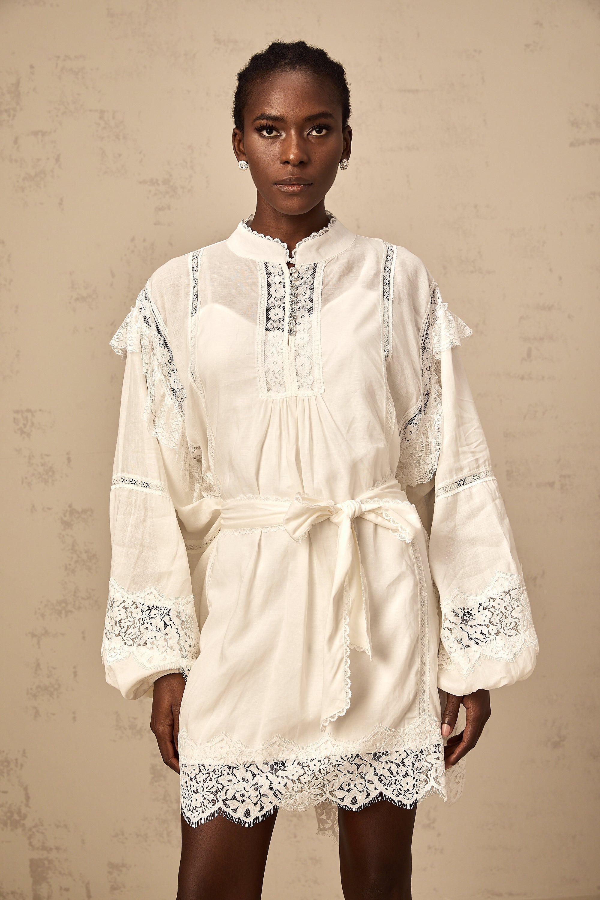 Reine white floral-lace-trim mini dress