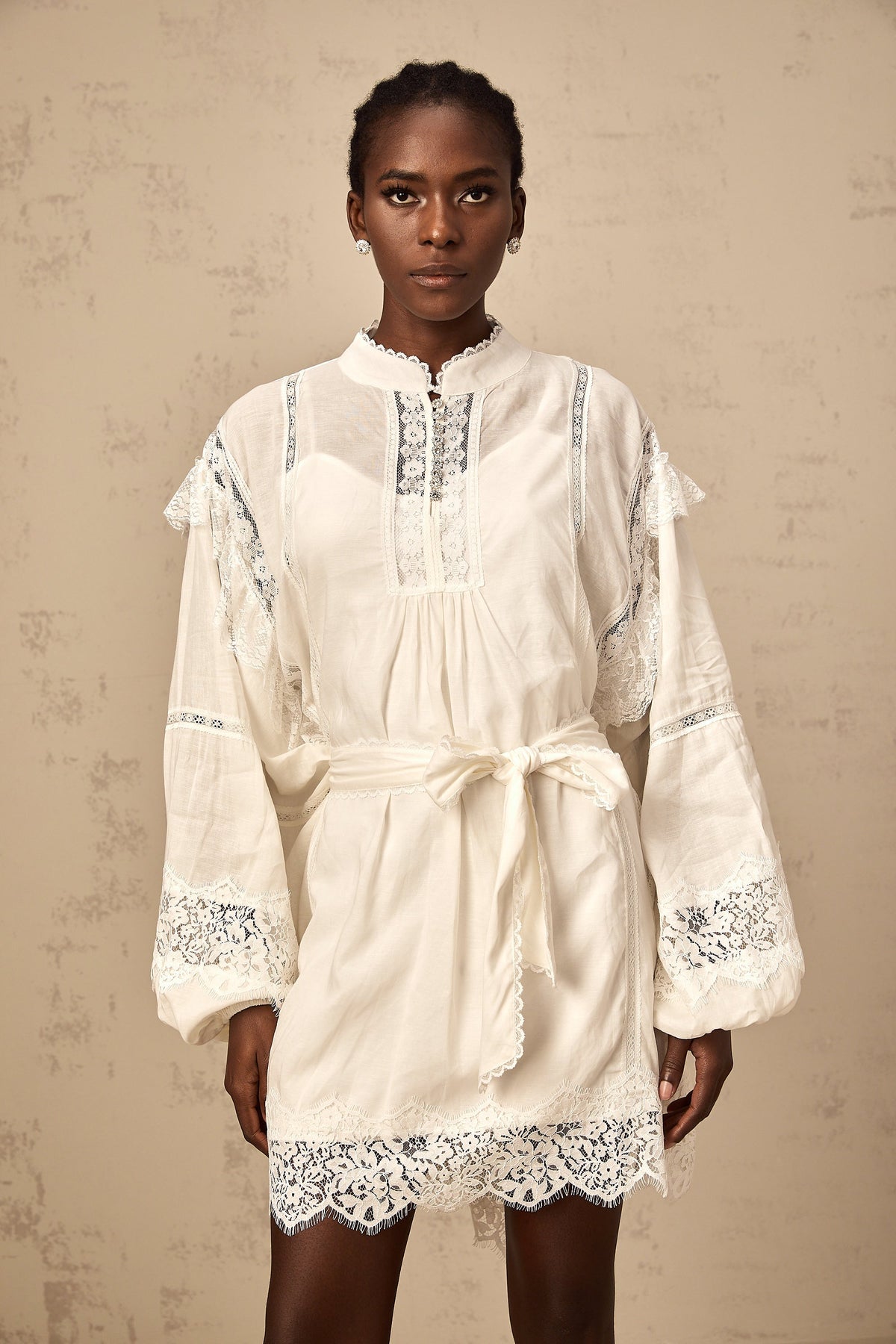 Reine white floral-lace-trim mini dress