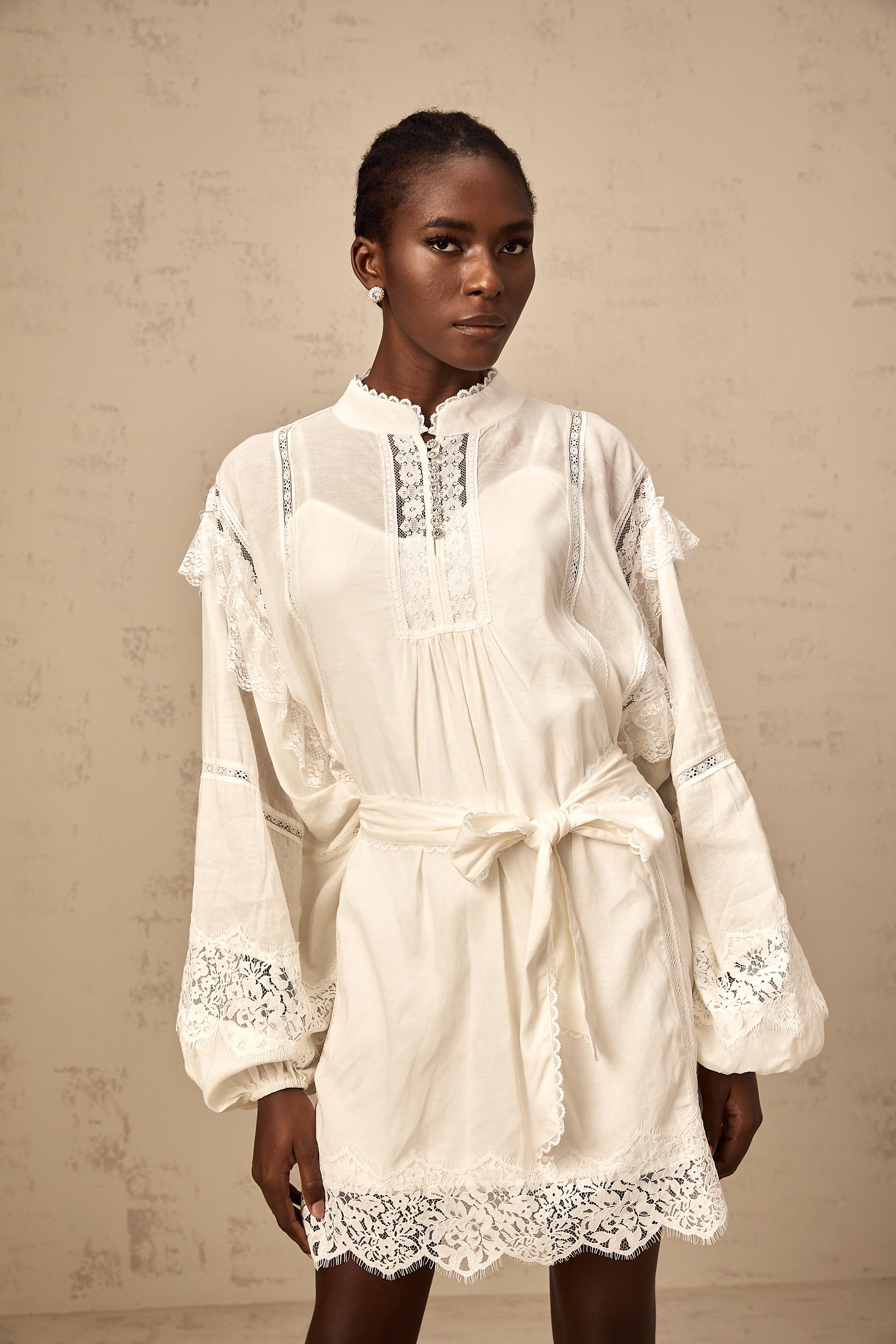 Reine white floral-lace-trim mini dress