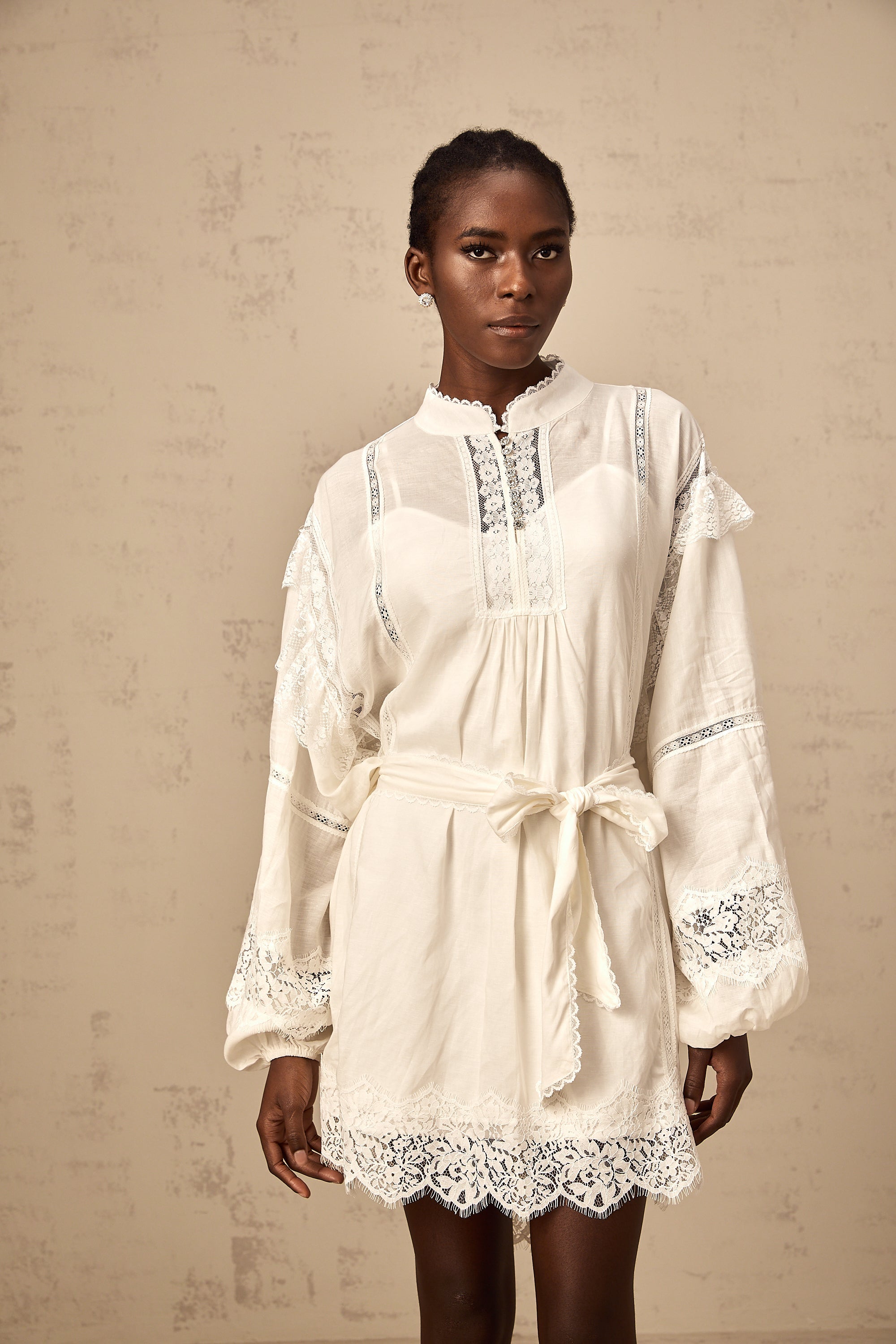 Reine white floral-lace-trim mini dress