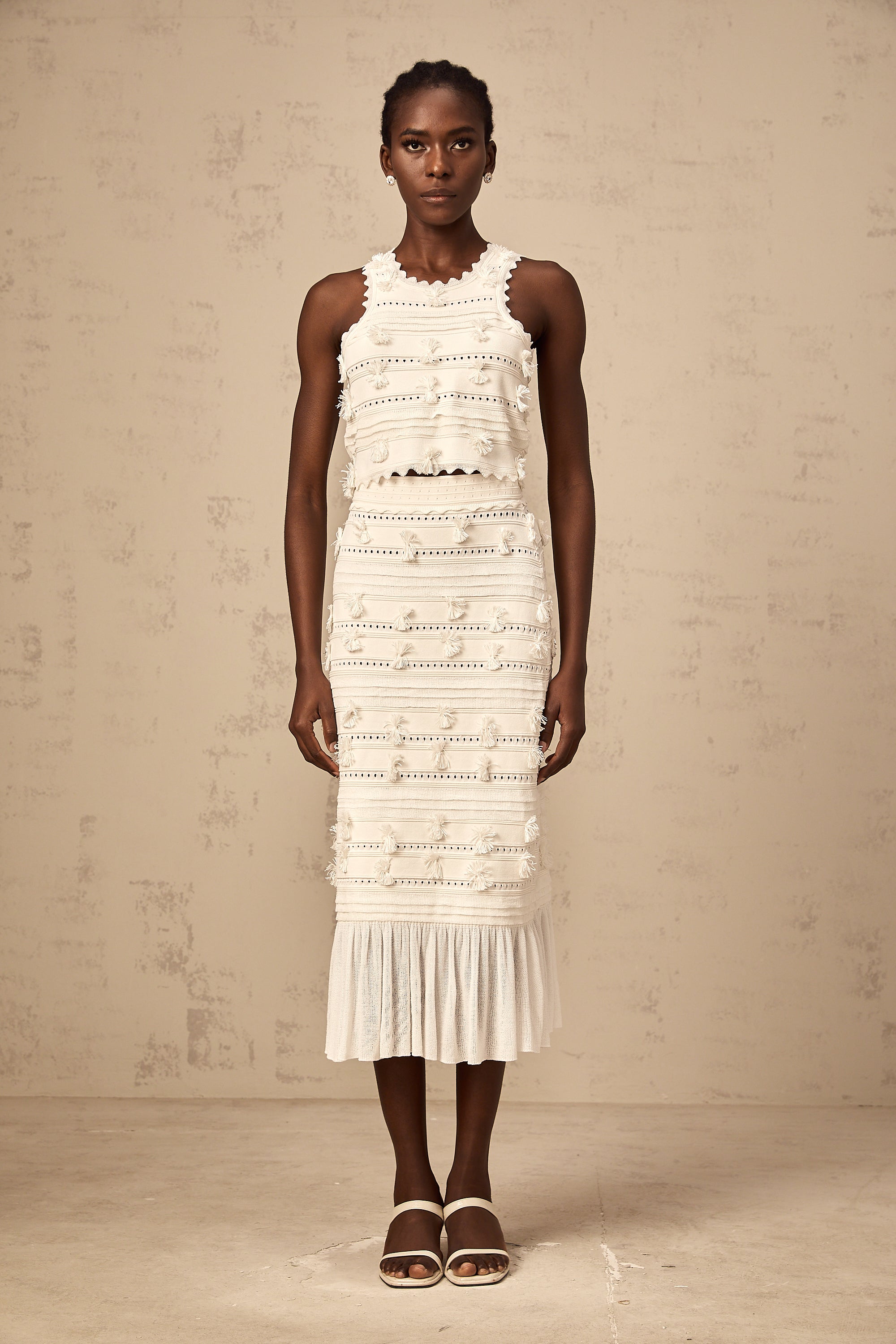 Paola white pointelle-trim knit top & skirt matching set