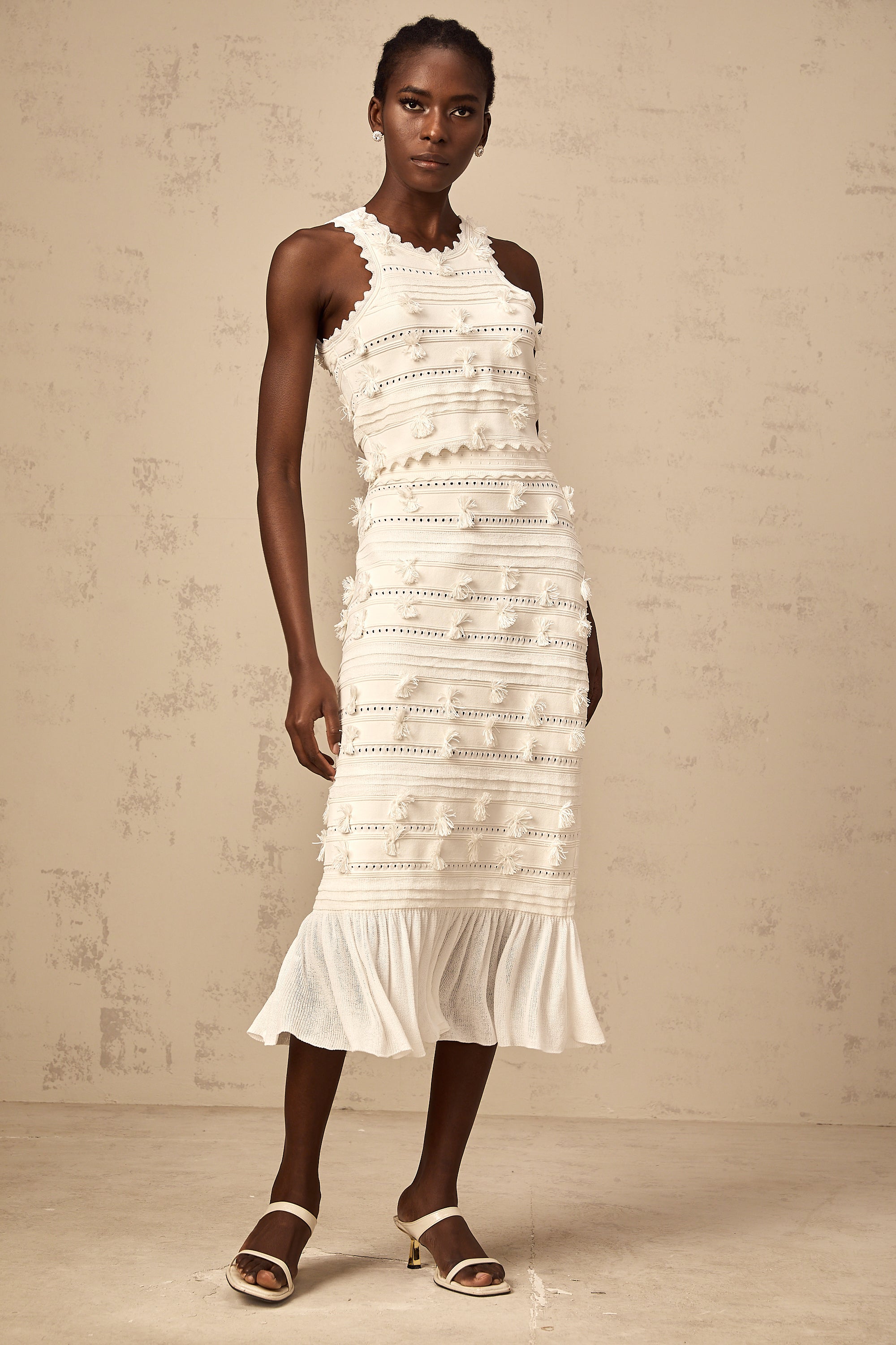 Paola white pointelle-trim knit top & skirt matching set