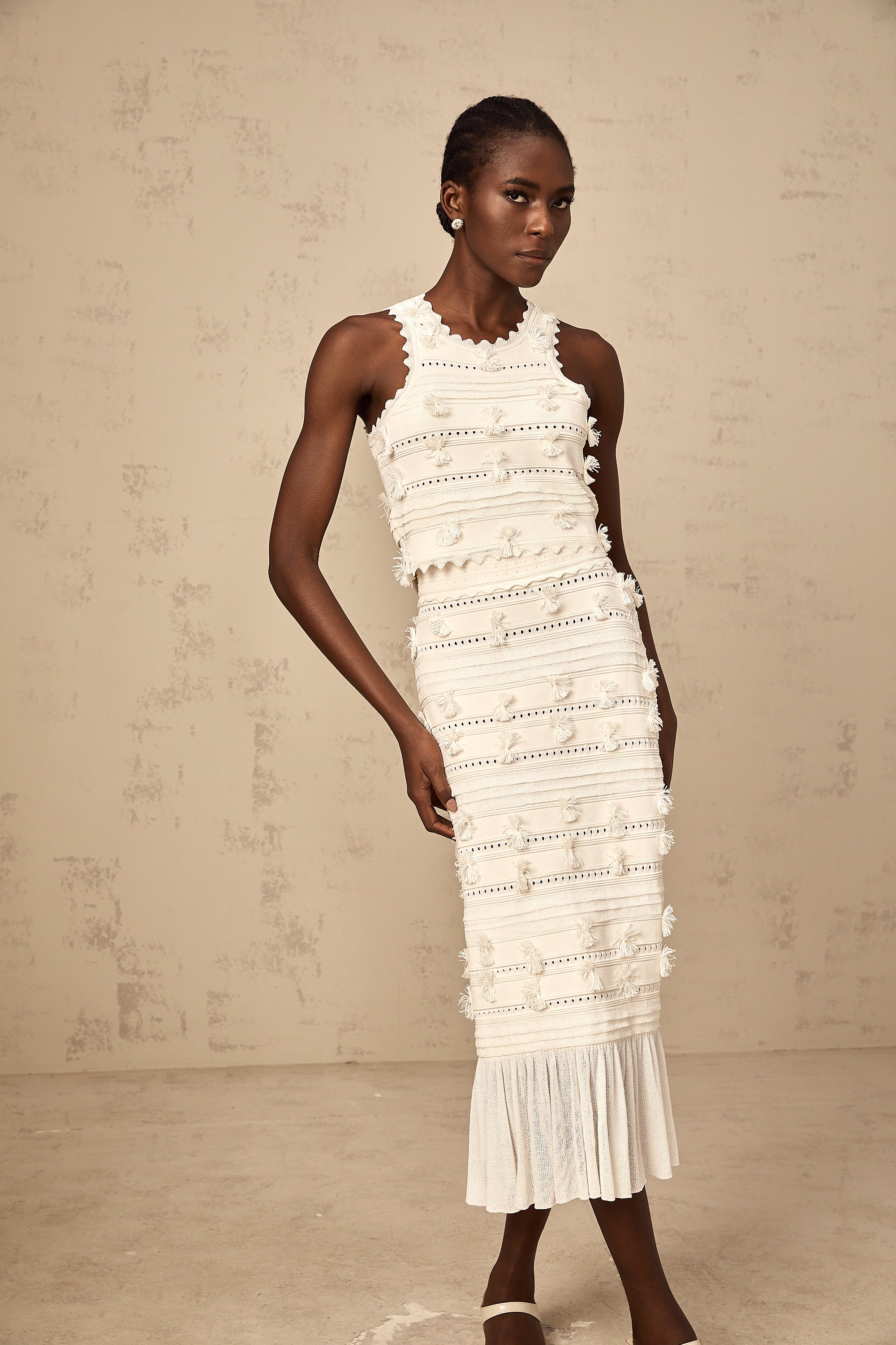 Paola white pointelle-trim knit top & skirt matching set