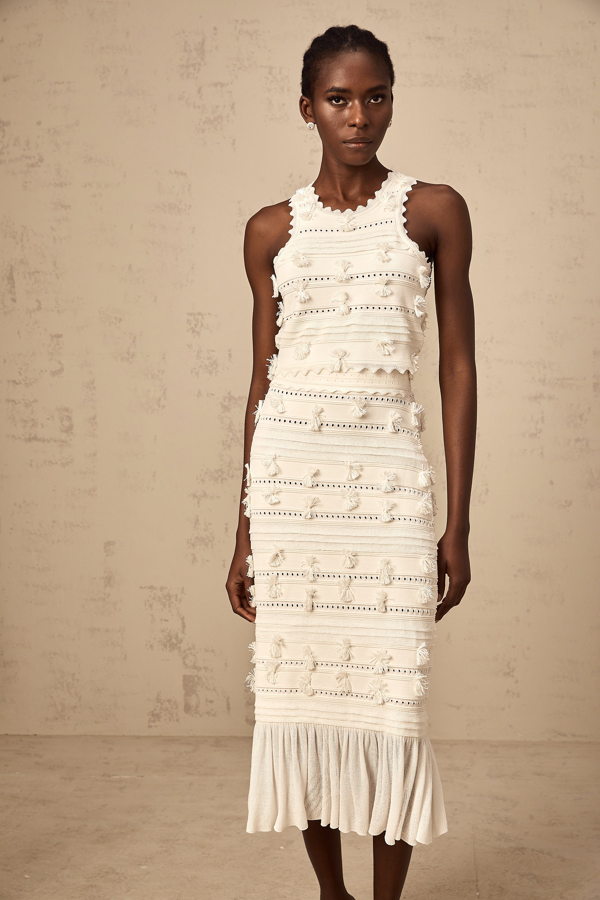 Paola white pointelle-trim knit top & skirt matching set