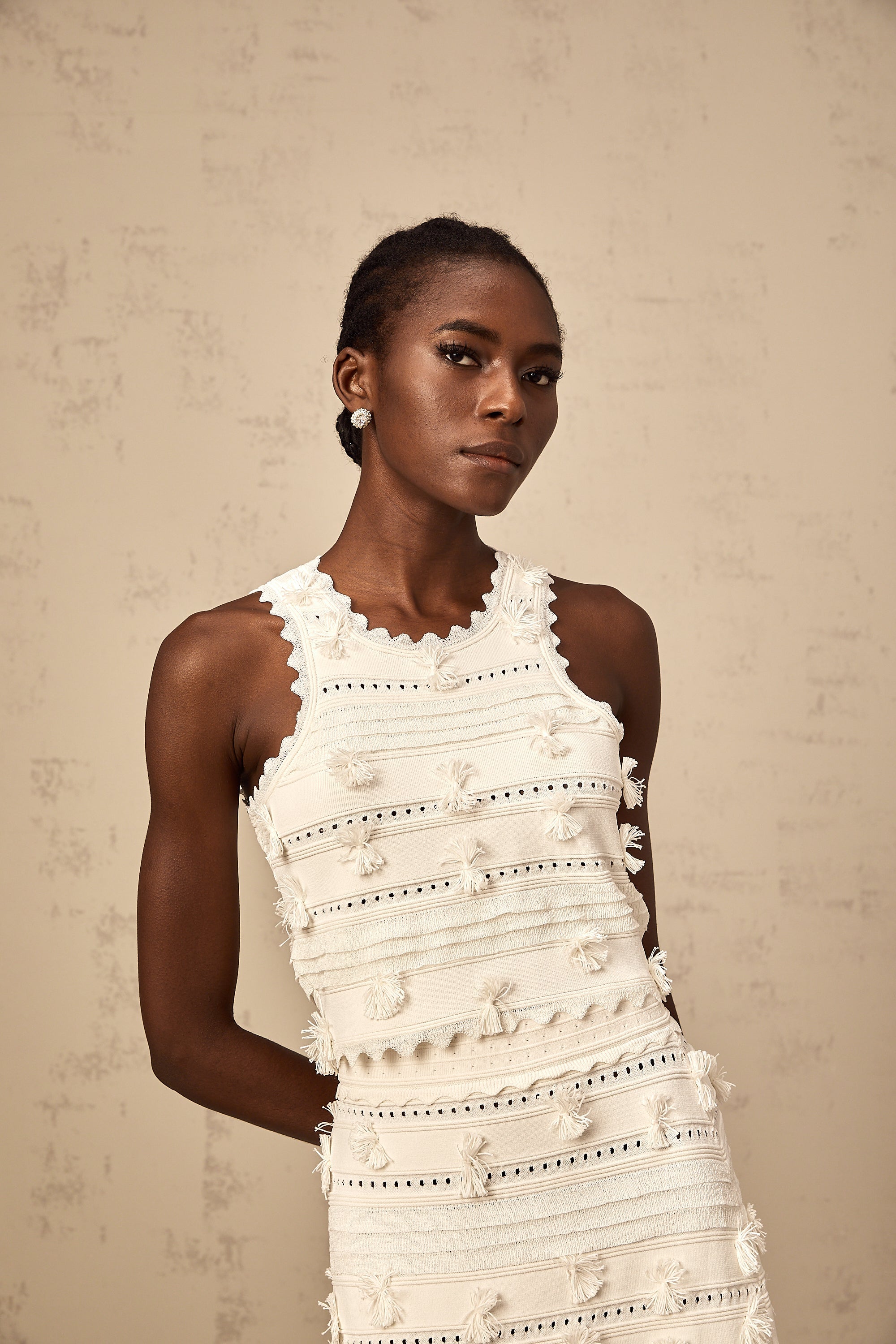 Paola white pointelle-trim knit top & skirt matching set