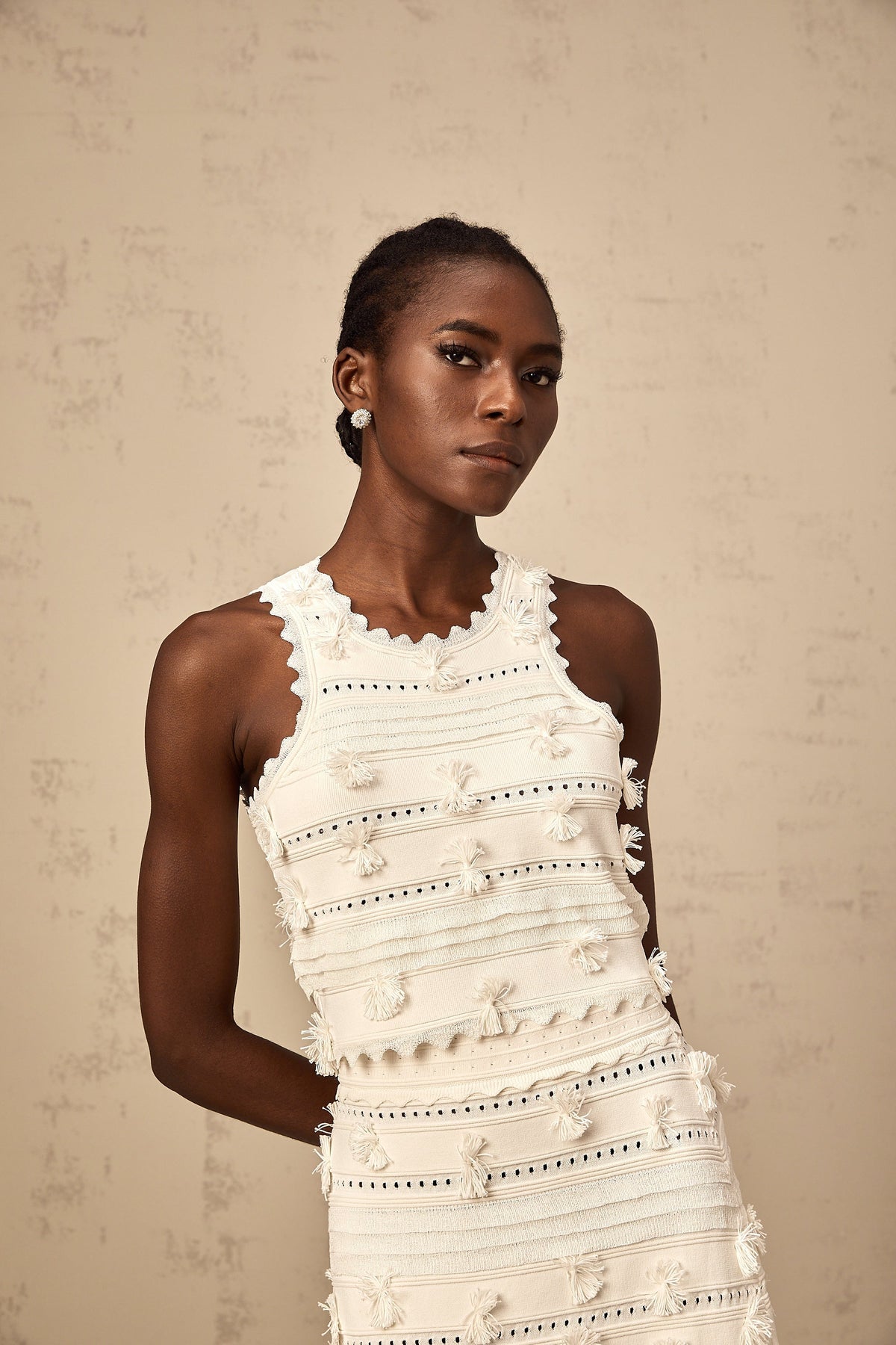 Paola white pointelle-trim knit top & skirt matching set