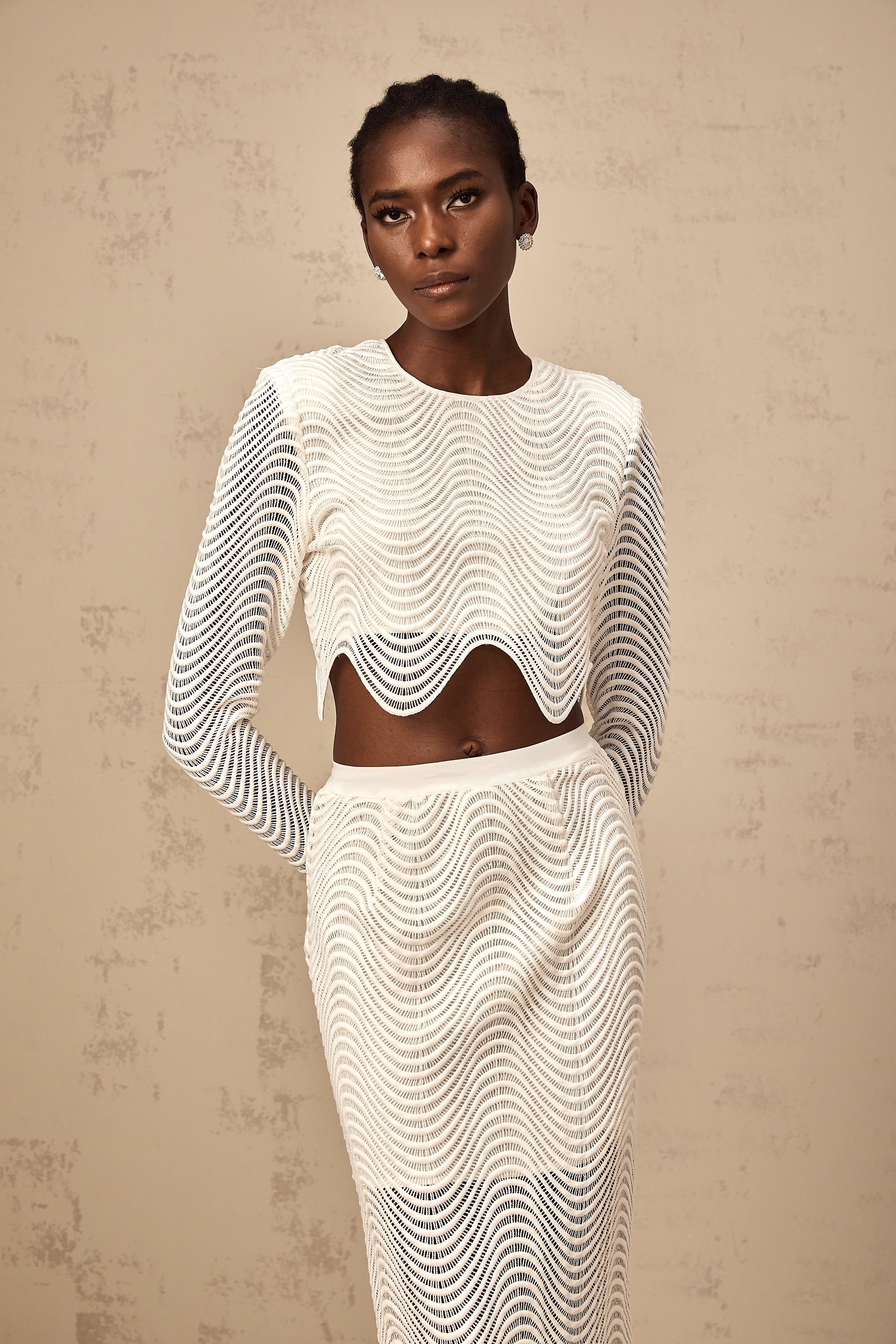 Constance white wavy woven top & skirt matching set