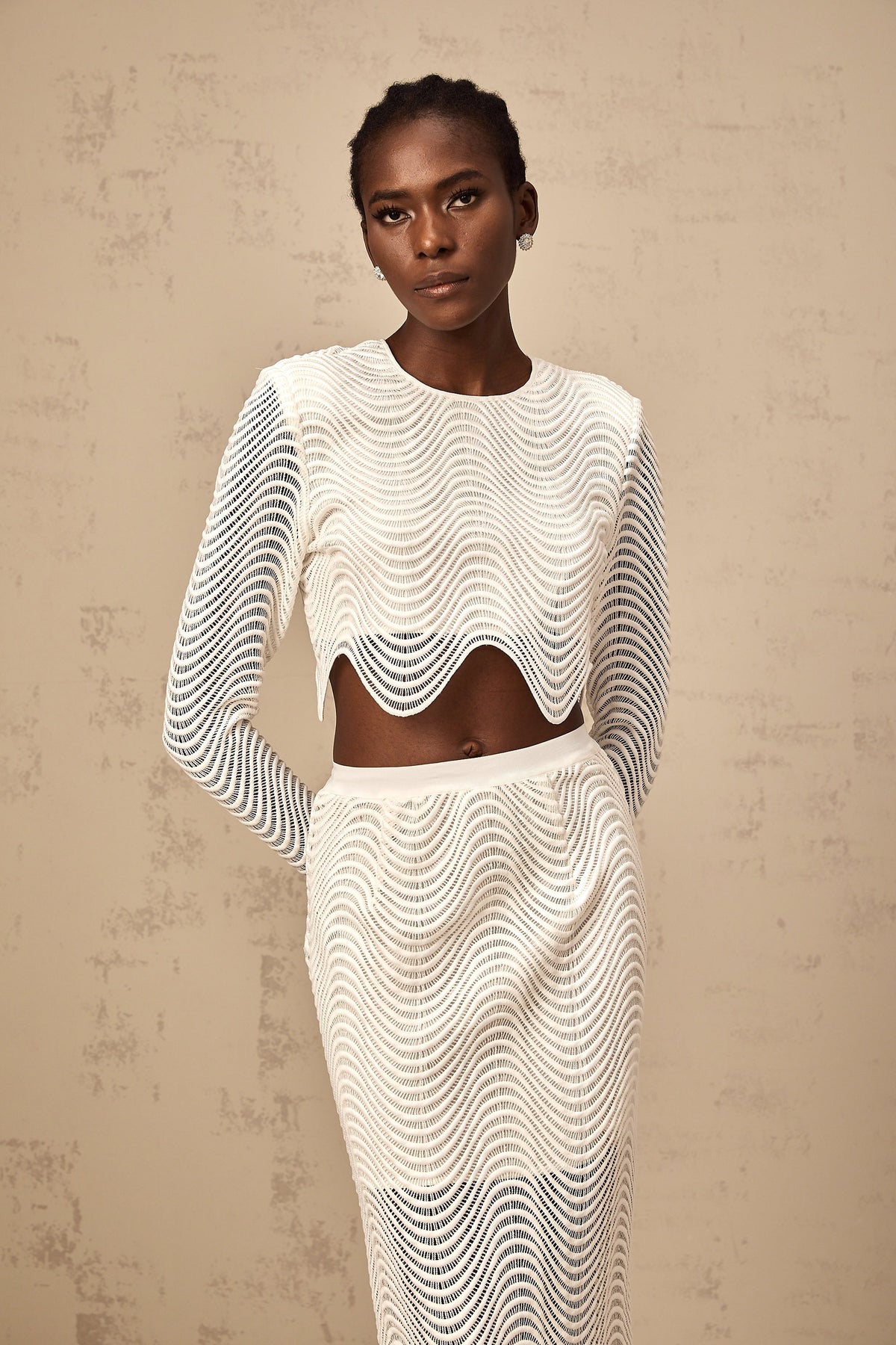Constance white wavy woven top & skirt matching set