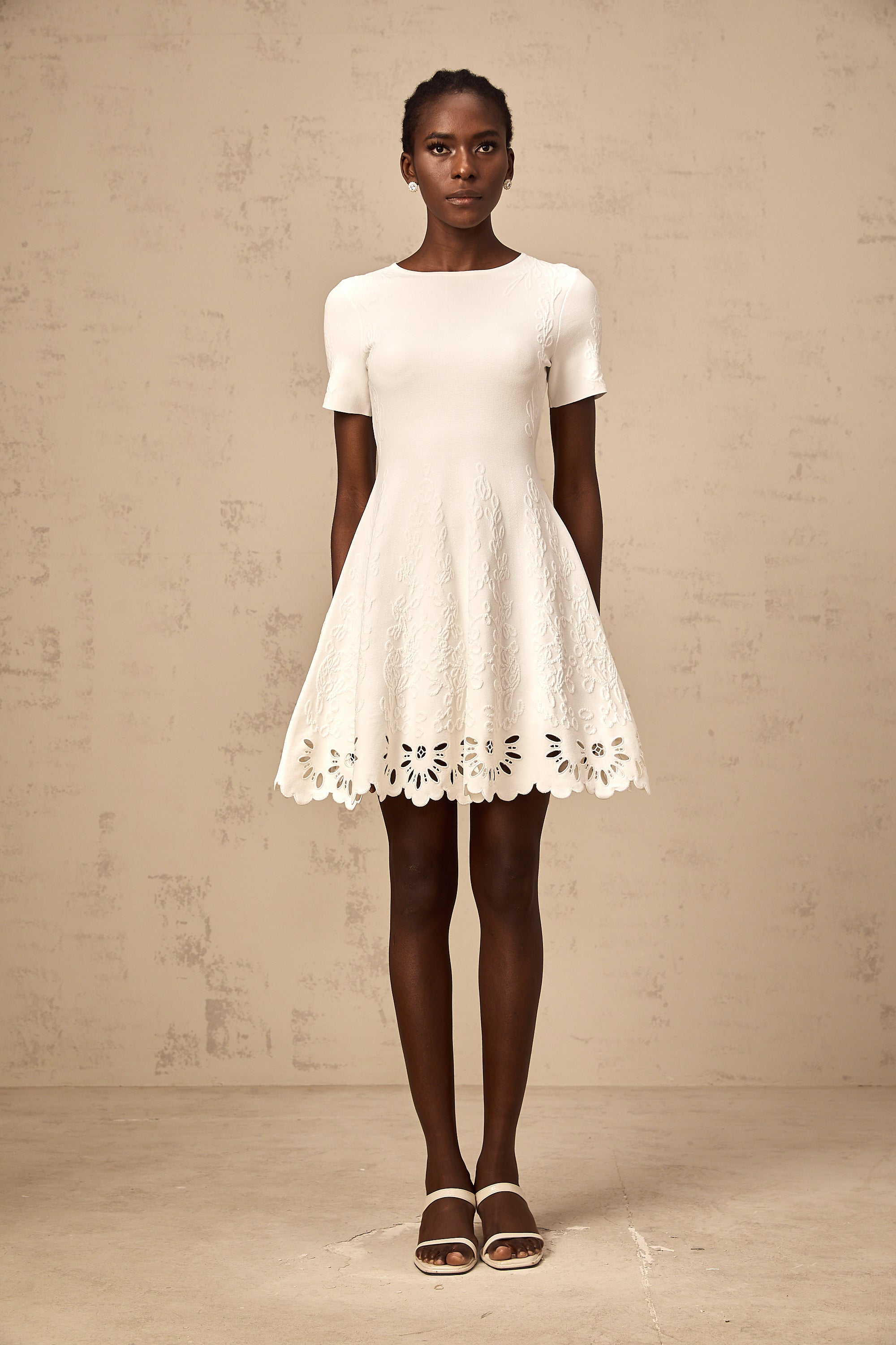 Émilie white knitted cut-out jacquard mini dress