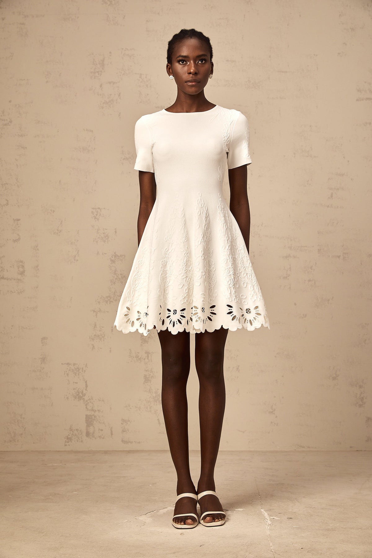 Émilie white knitted cut-out jacquard mini dress