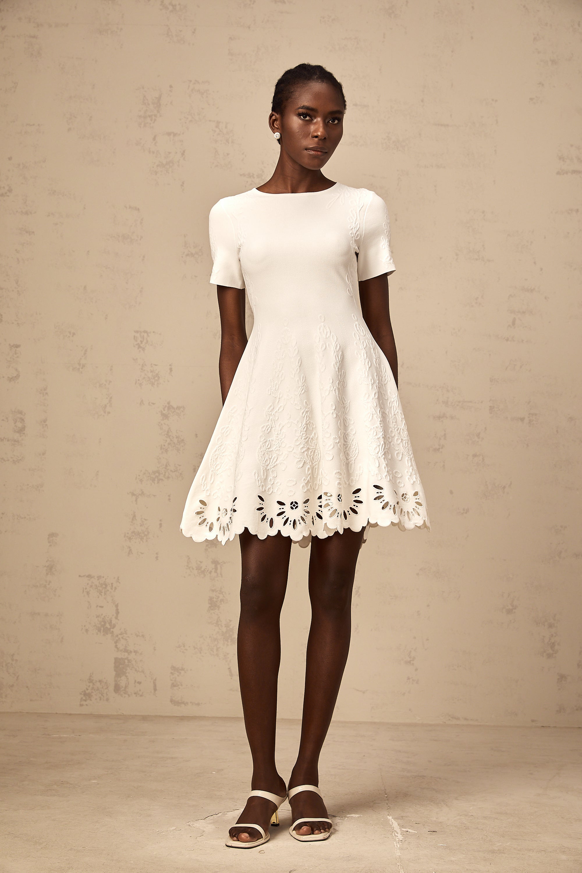 Émilie white knitted cut-out jacquard mini dress