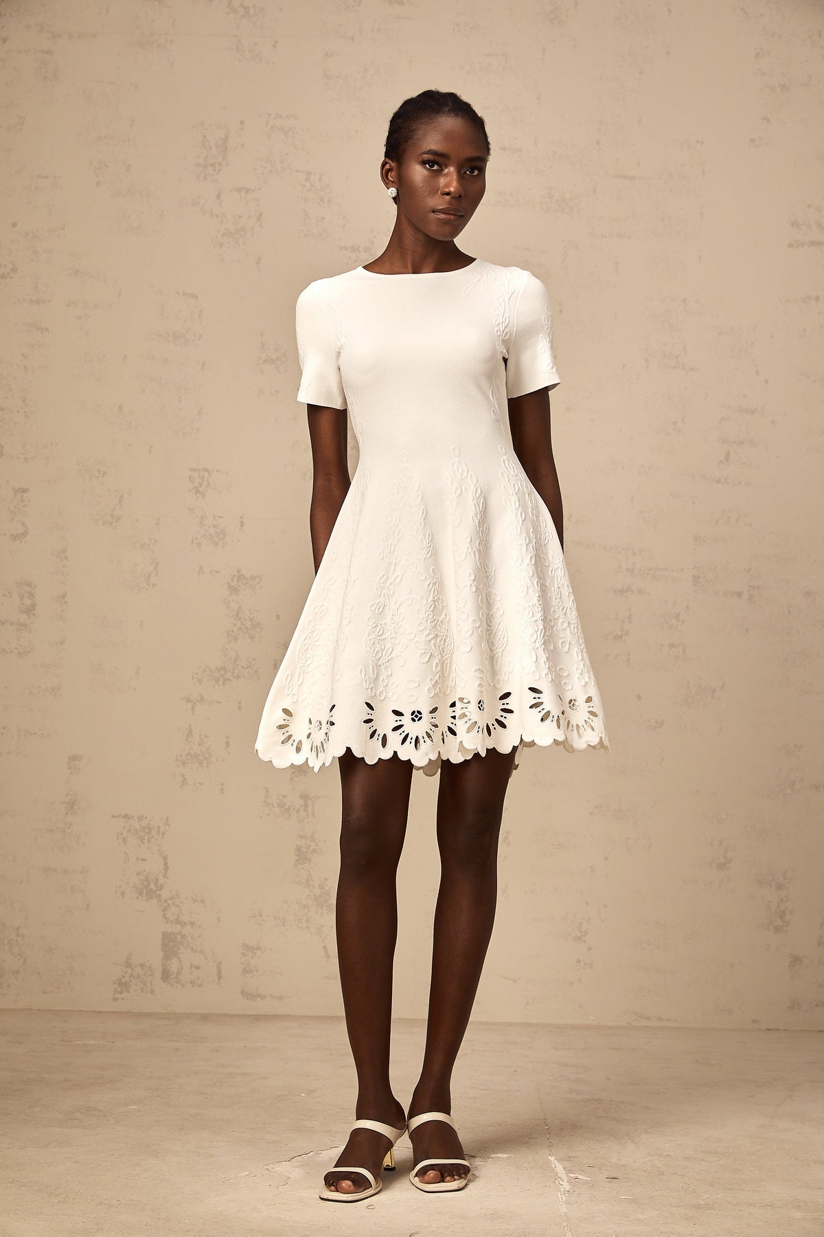 Émilie white knitted cut-out jacquard mini dress