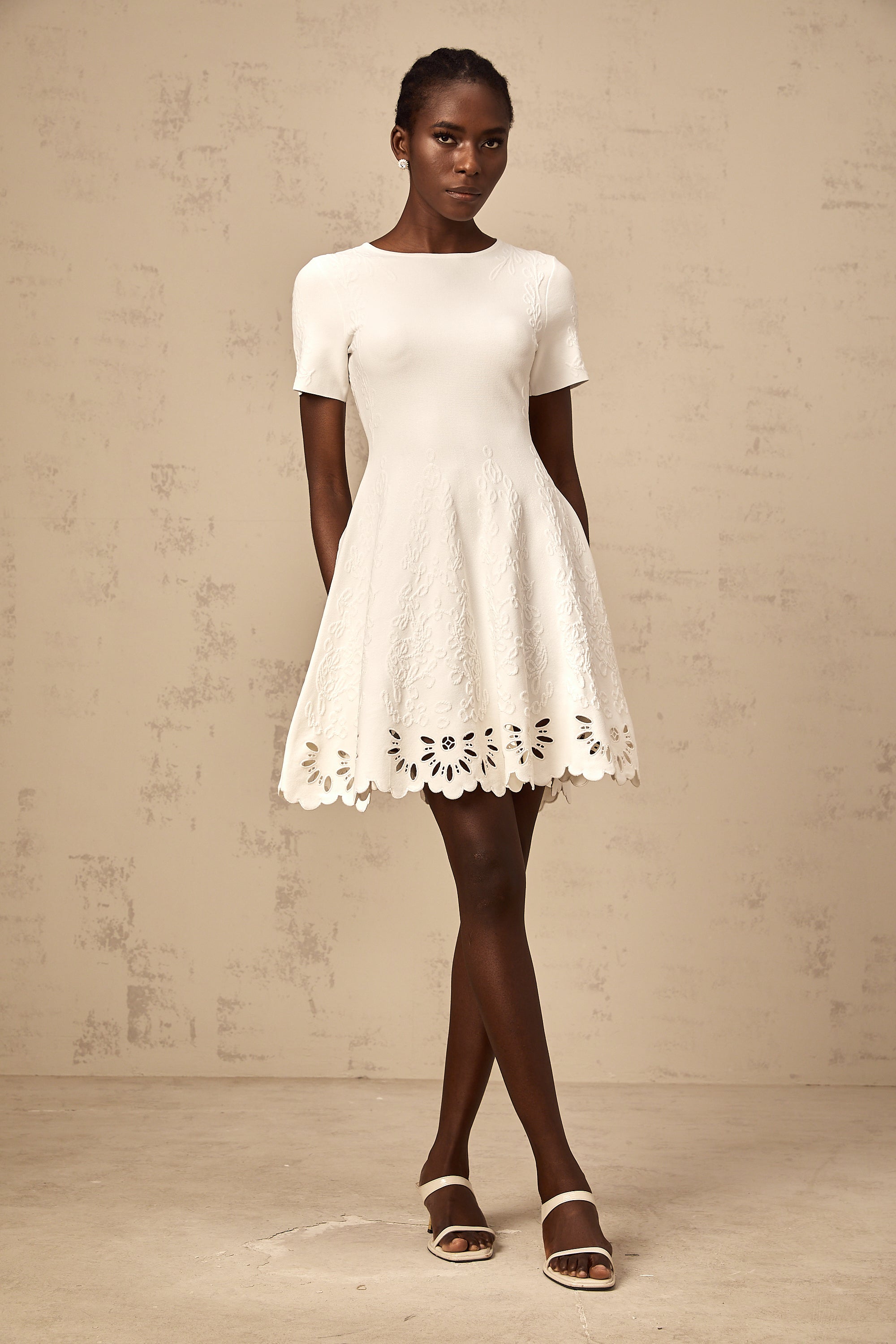 Émilie white knitted cut-out jacquard mini dress