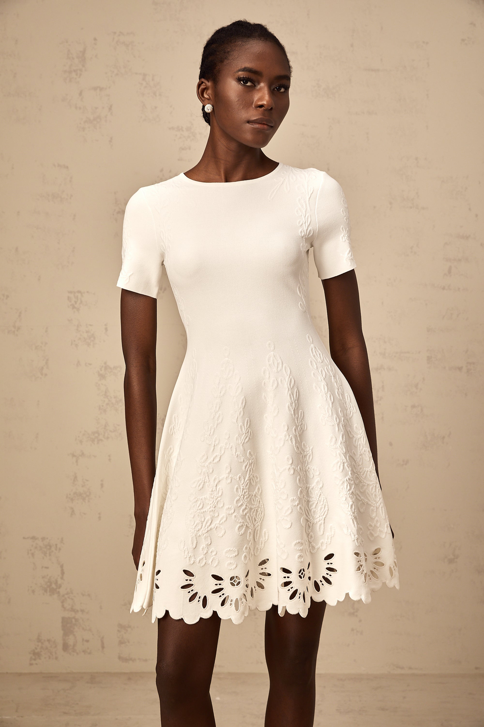 Émilie white knitted cut-out jacquard mini dress
