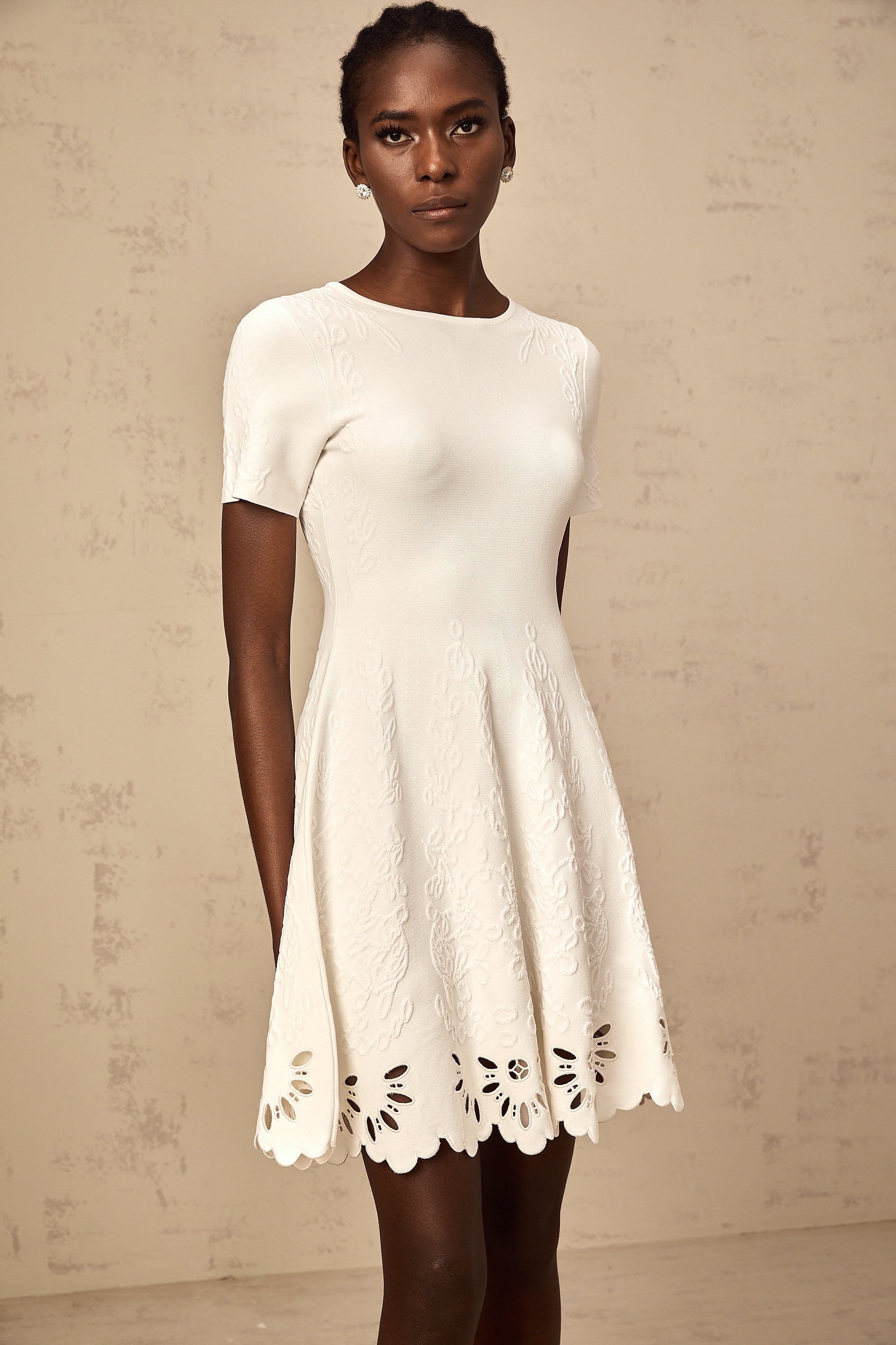 Émilie white knitted cut-out jacquard mini dress