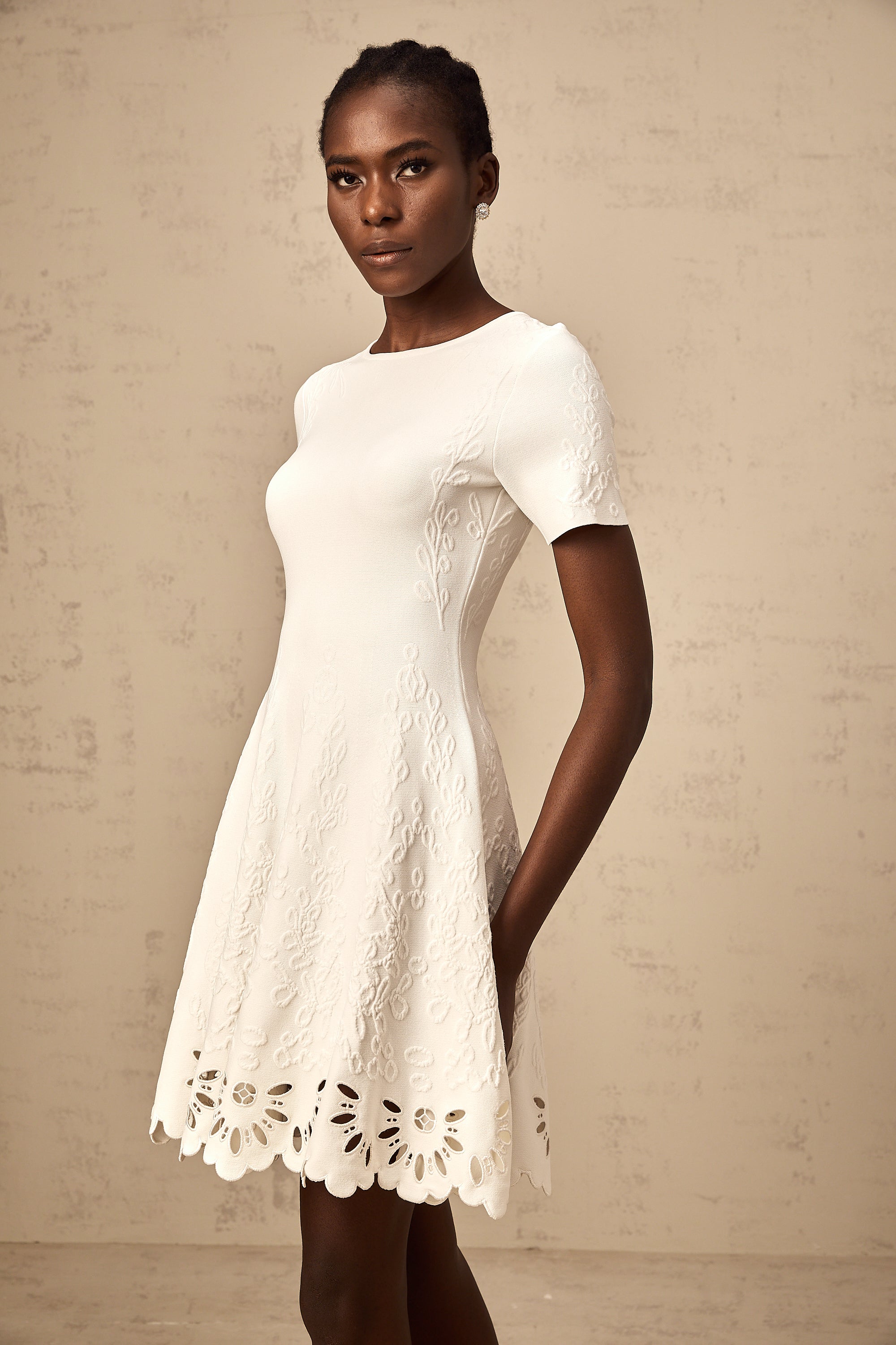 Émilie white knitted cut-out jacquard mini dress