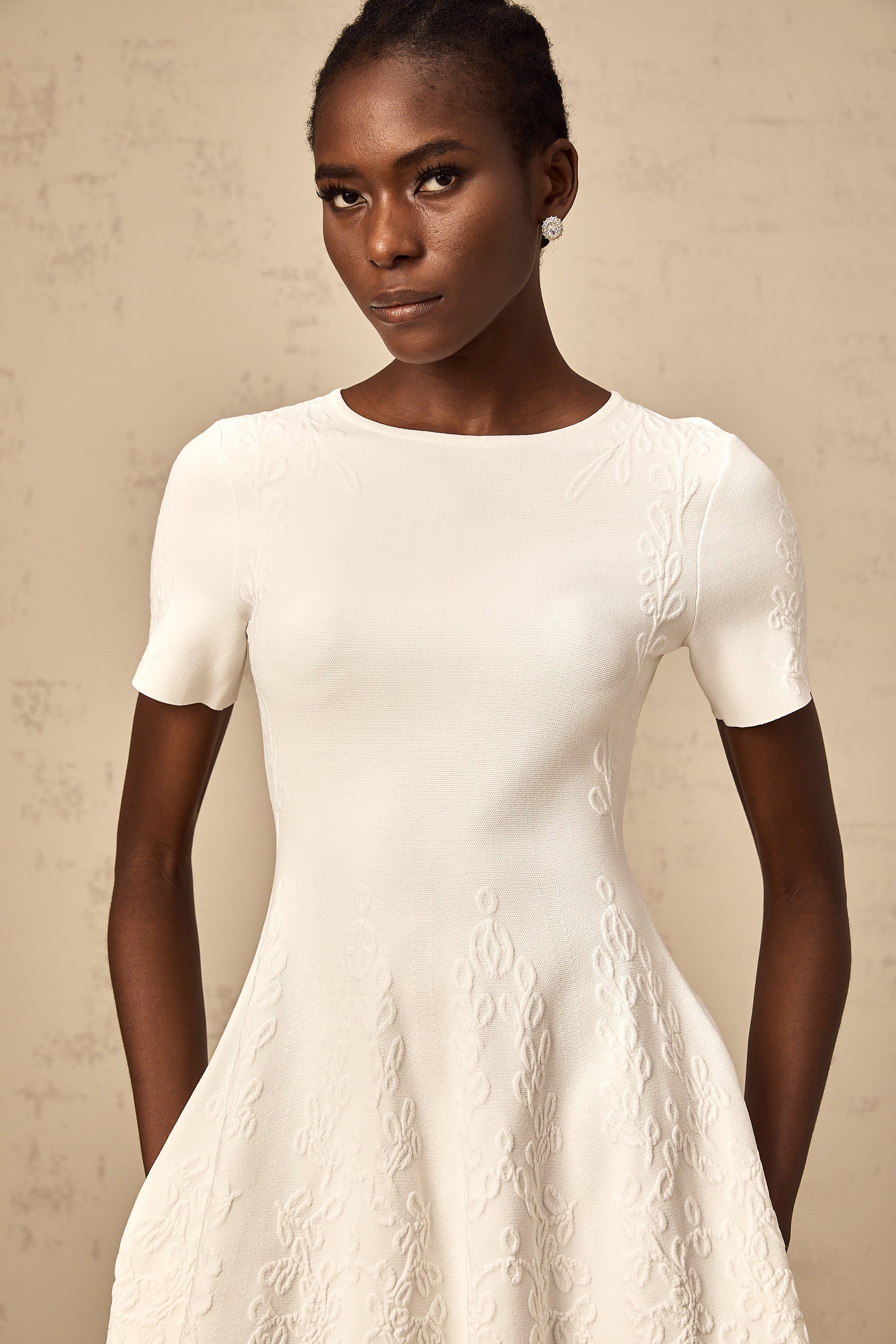 Émilie white knitted cut-out jacquard mini dress