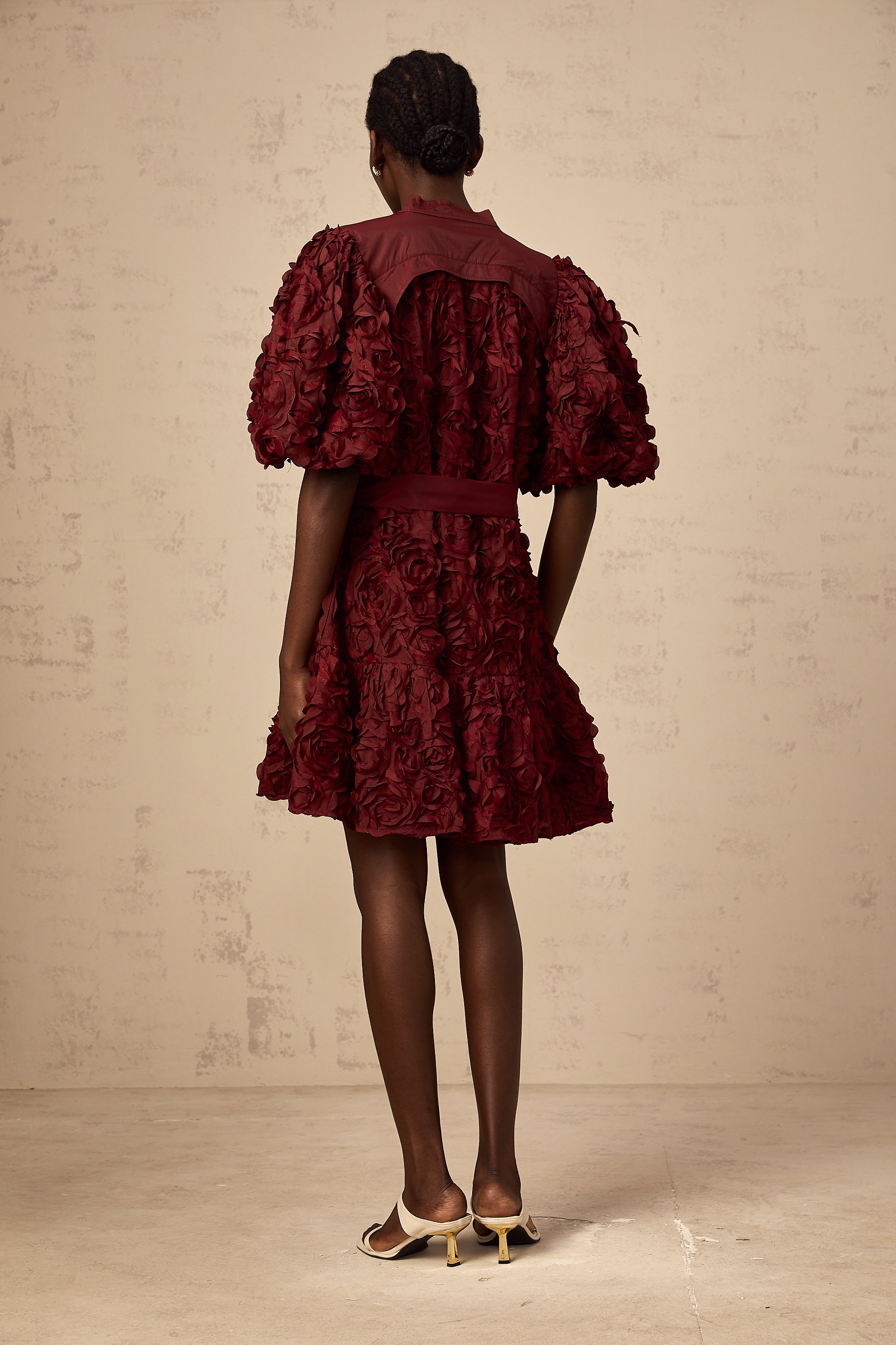 Ségolène wine-red 3D-petal puff mini dress (Final Sale-US Only)