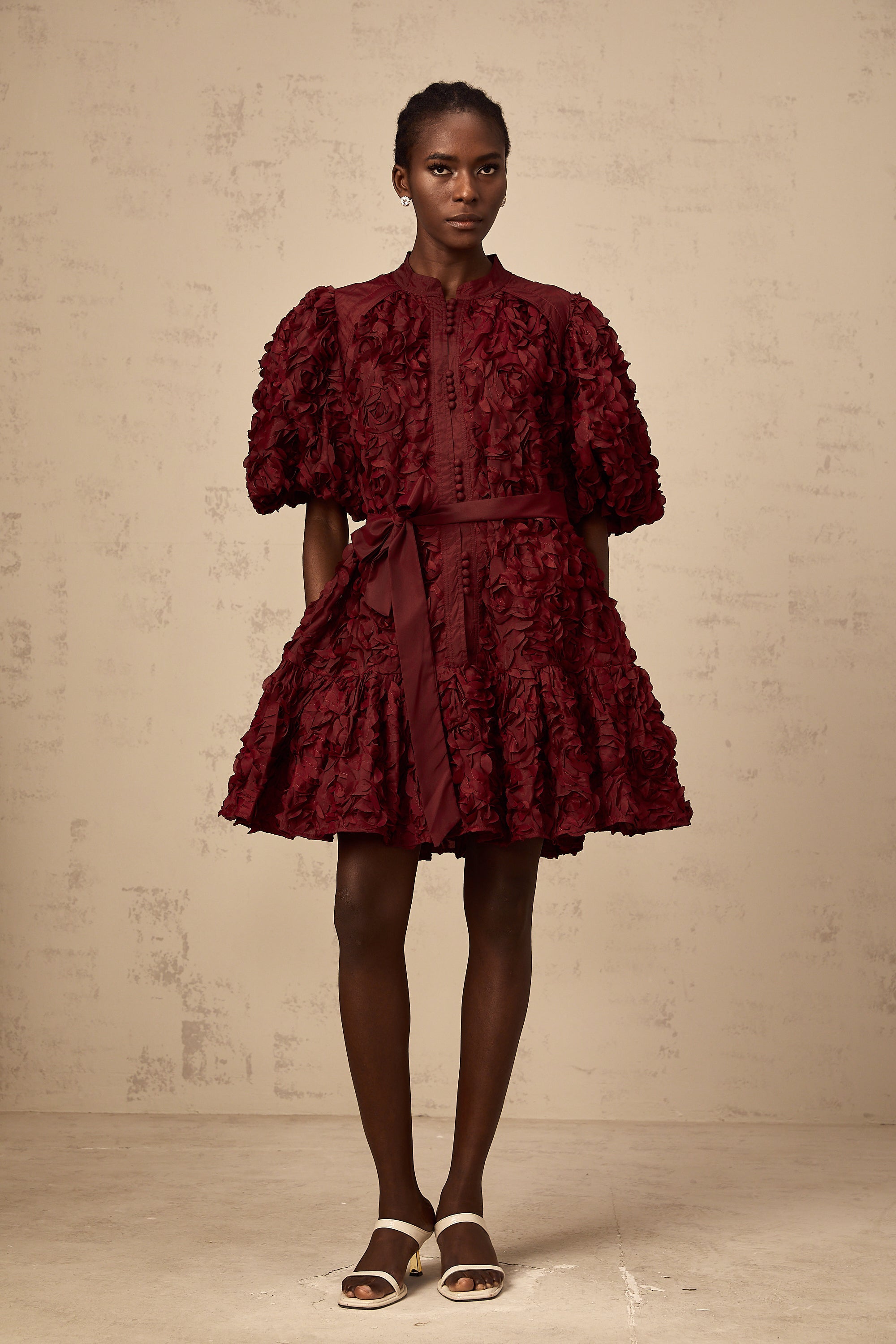 Ségolène wine-red 3D-petal puff mini dress (Final Sale-US Only)