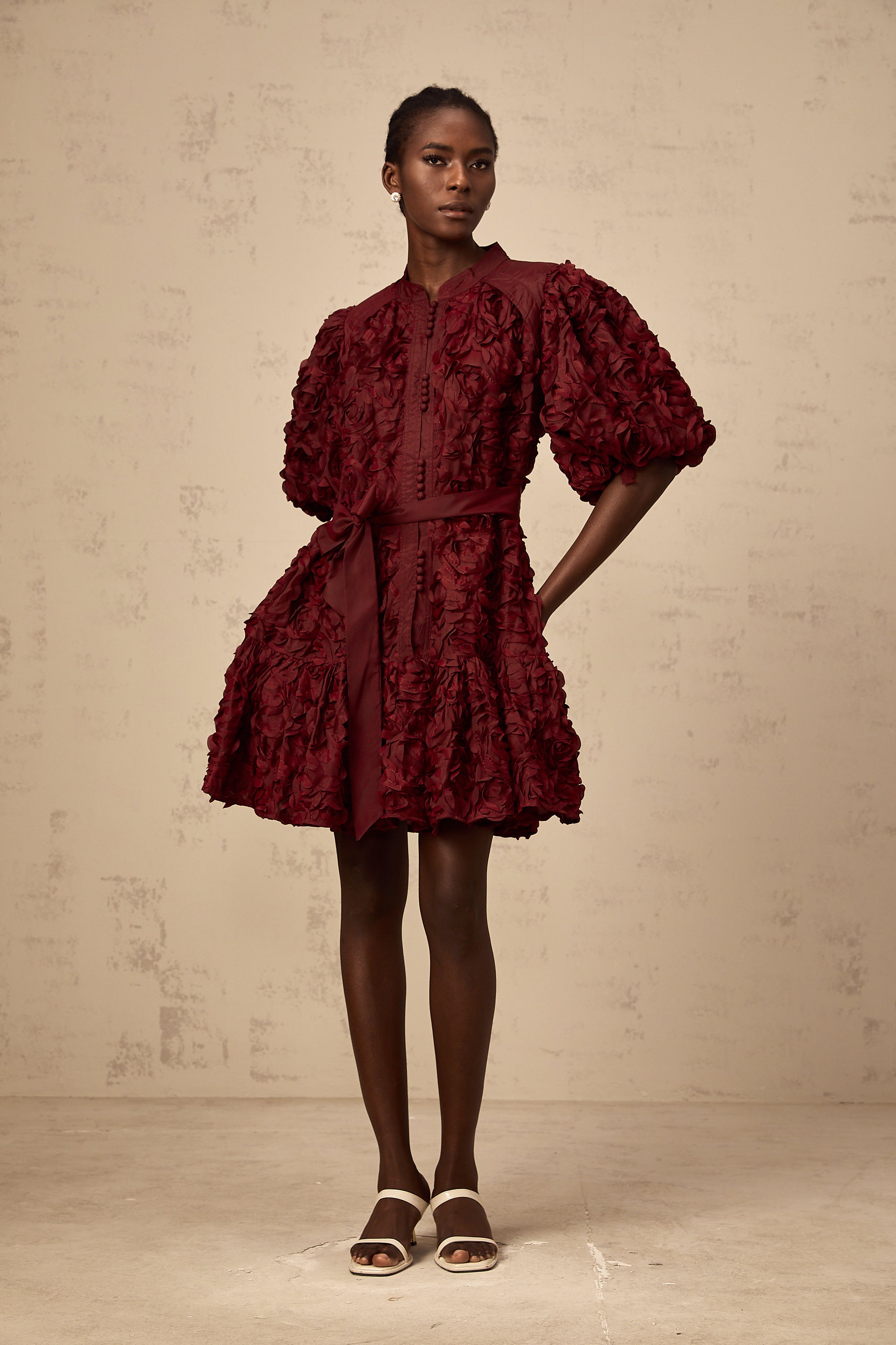 Ségolène wine-red 3D-petal puff mini dress